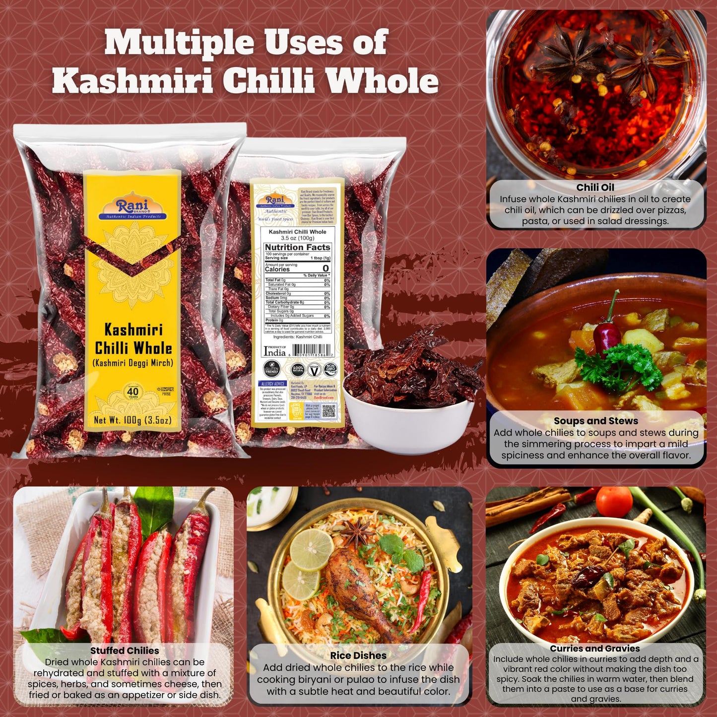 Rani Kashmiri Chilli Whole (Deggi Mirch, Low Heat) 3.5Oz (100G) ~ Natural | Salt-Free | Vegan | No Colors | Gluten Friendly | No