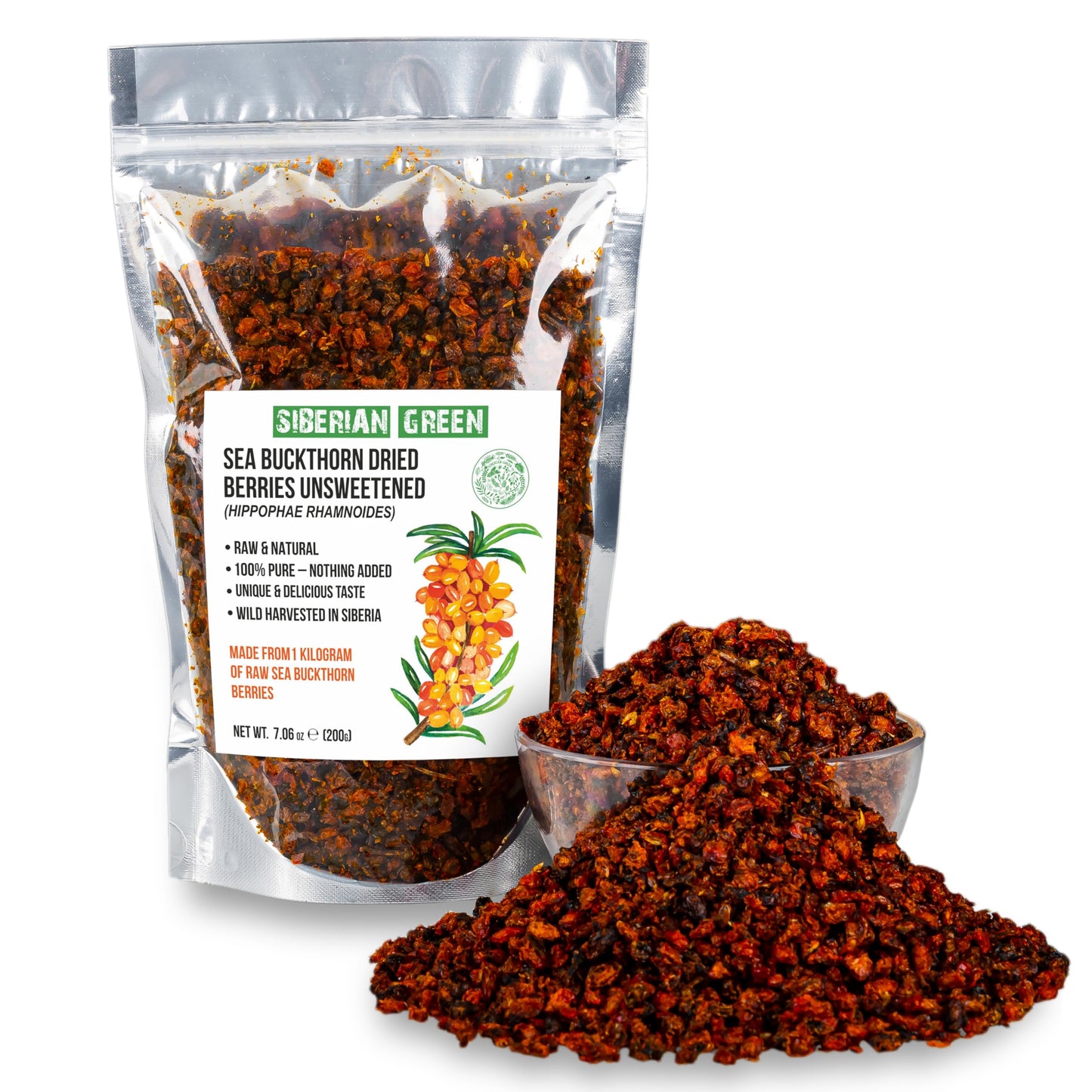Siberian Sea Buckthorn Dried Berries 7.06 oz (200 g) Unsweetened 100% Raw Natural Wild Harvested Hippophae Fruit, No Additives,