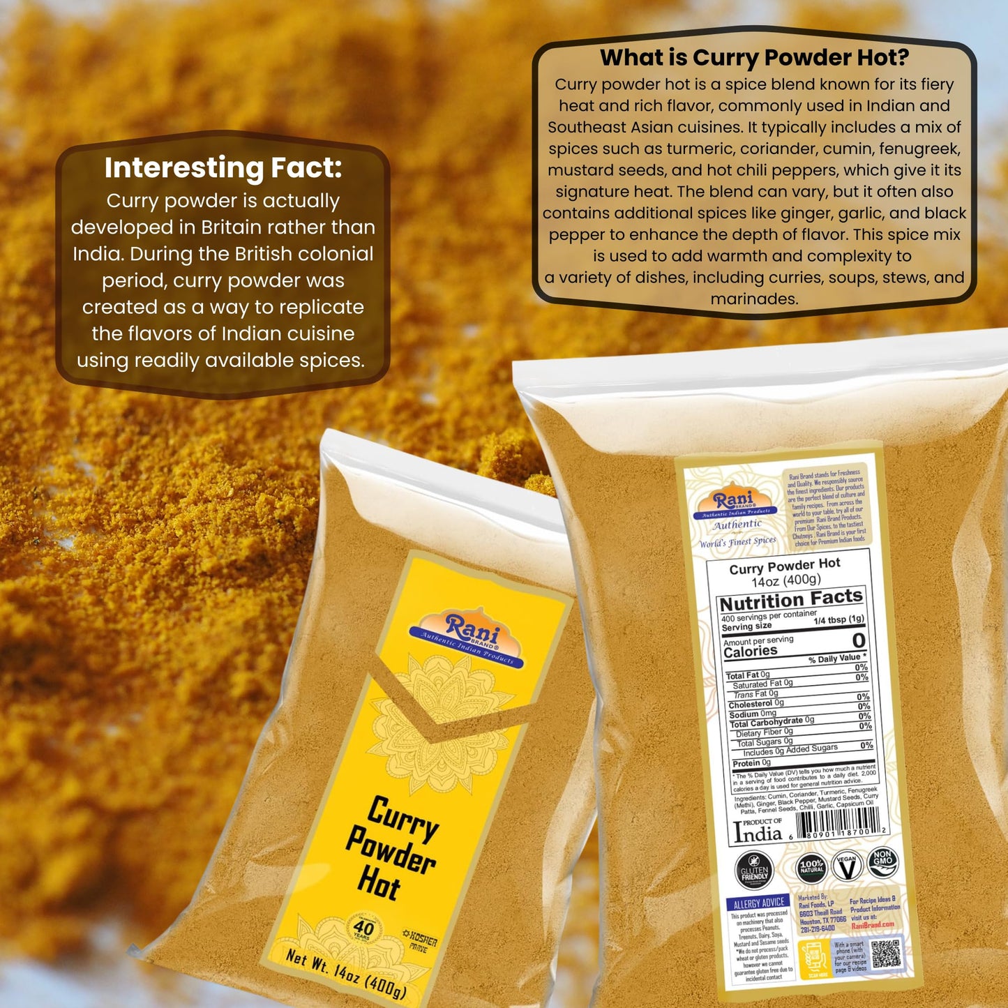 Rani Curry Powder Hot (11-Spice Authentic Indian Blend) 14oz (400g) ~ All Natural | Salt-Free | Vegan | No Colors | Gluten Frien