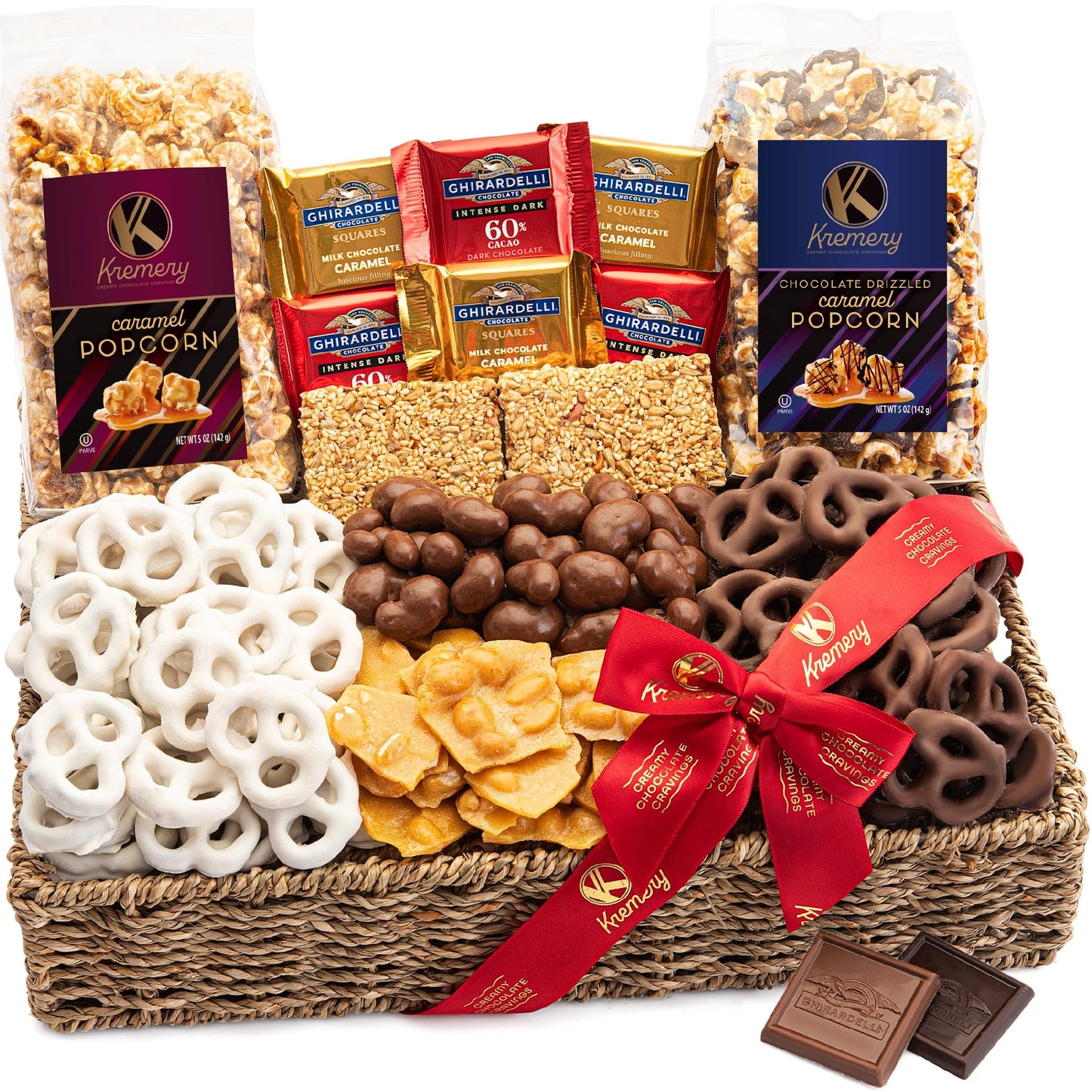 Nut Cravings KREMERY Chocolate Covered Pretzels & Caramel Popcorn Gift Basket, 3.5 lbs, Deluxe Seagrass Tray with Ribbon