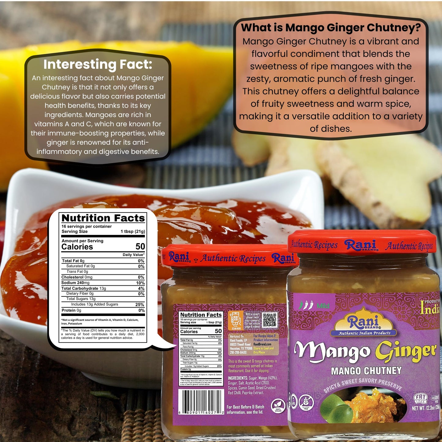 Rani Mango & Ginger Chutney, Vegan, Gluten Free, 10.5oz Glass Jar, All Natural, NON-GMO