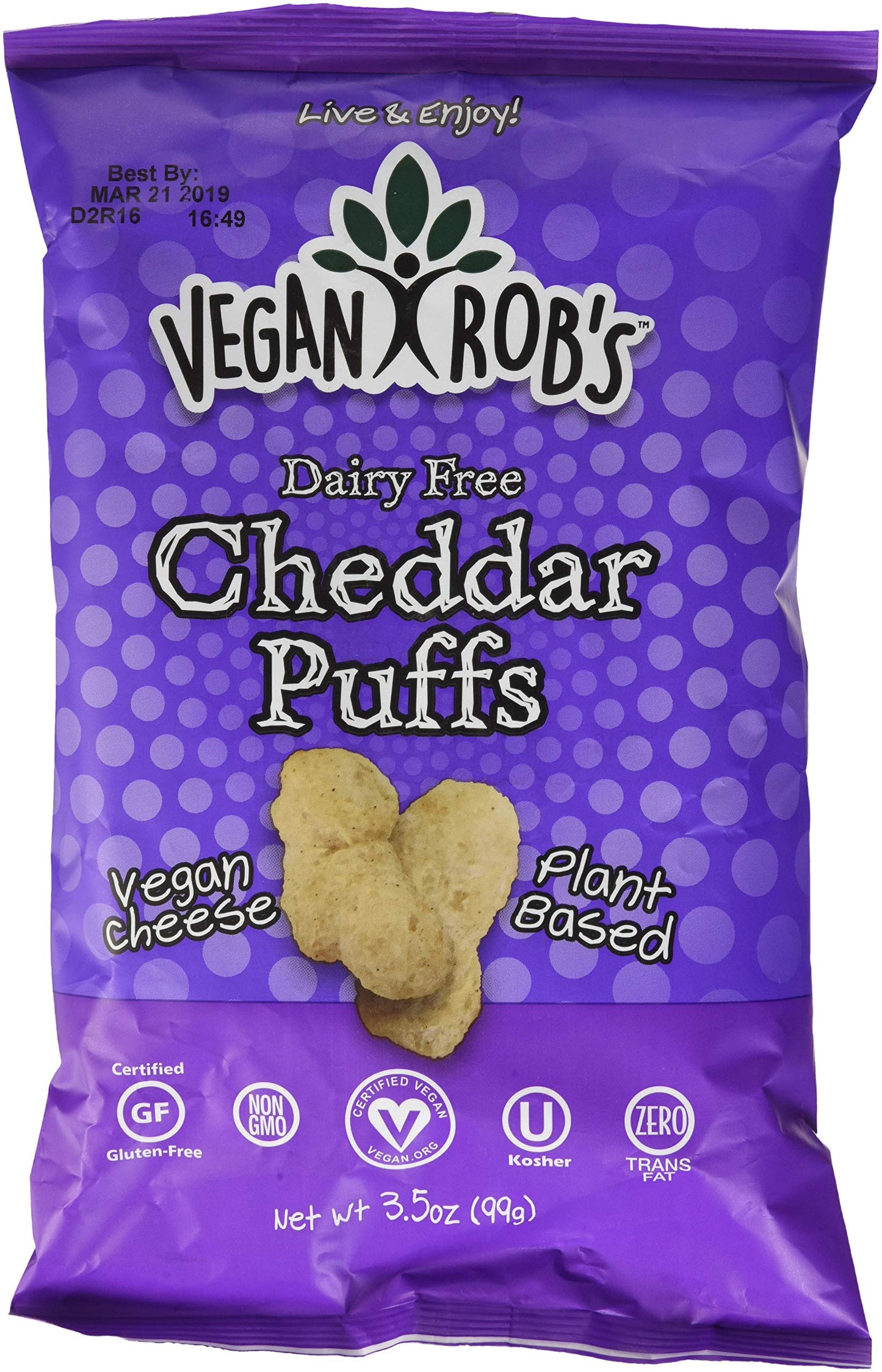 Vegan Robs Dairy Free Cheddar Puffs, 3.5 oz, Vegan Snack, Gluten Free, Plant-Based, Dairy-Free
