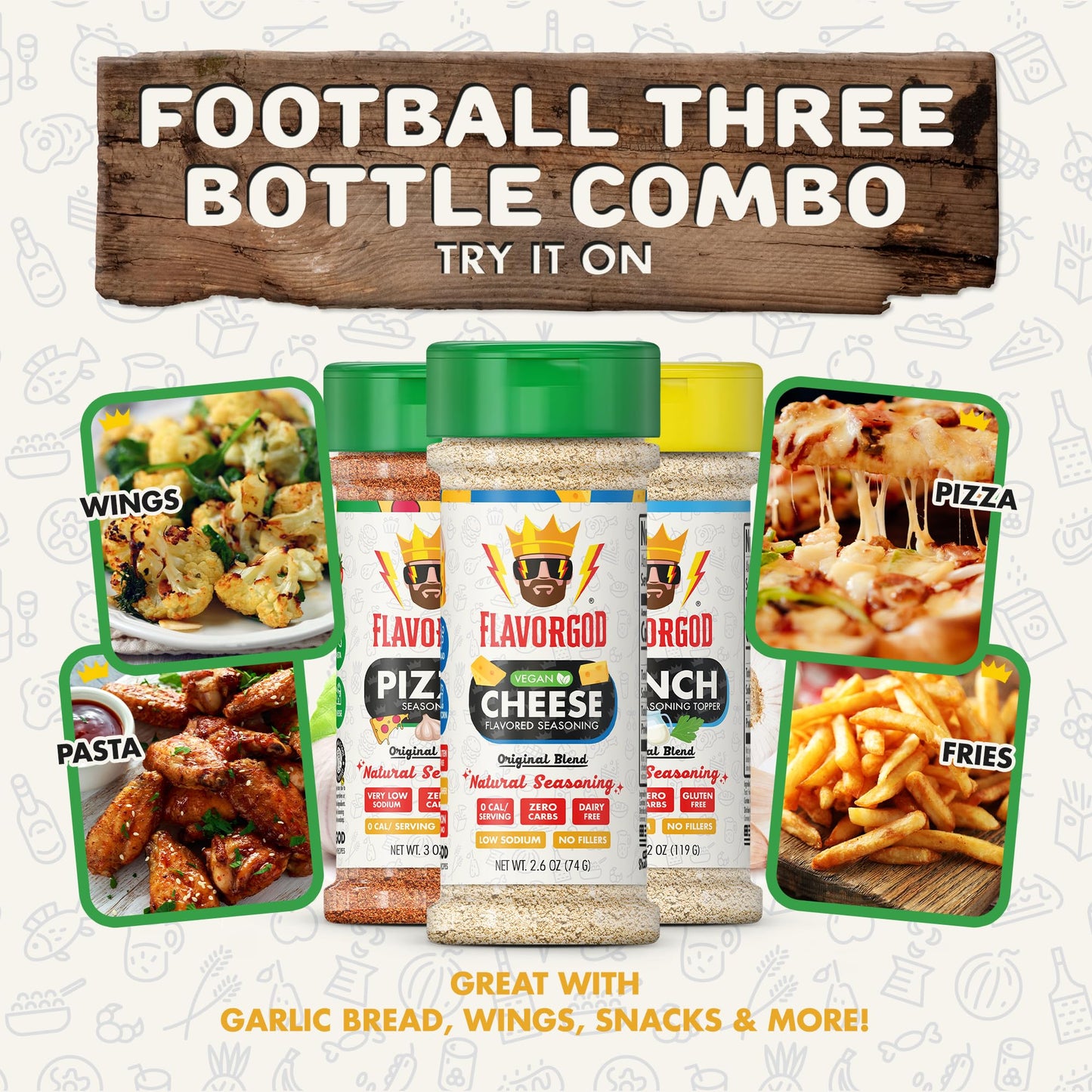 Flavor God Football Combo Pack - Spices, Topper & Seasoning Gift Set - Pizza, Cheese, Ranch - Premium All Natural - Pack of 3