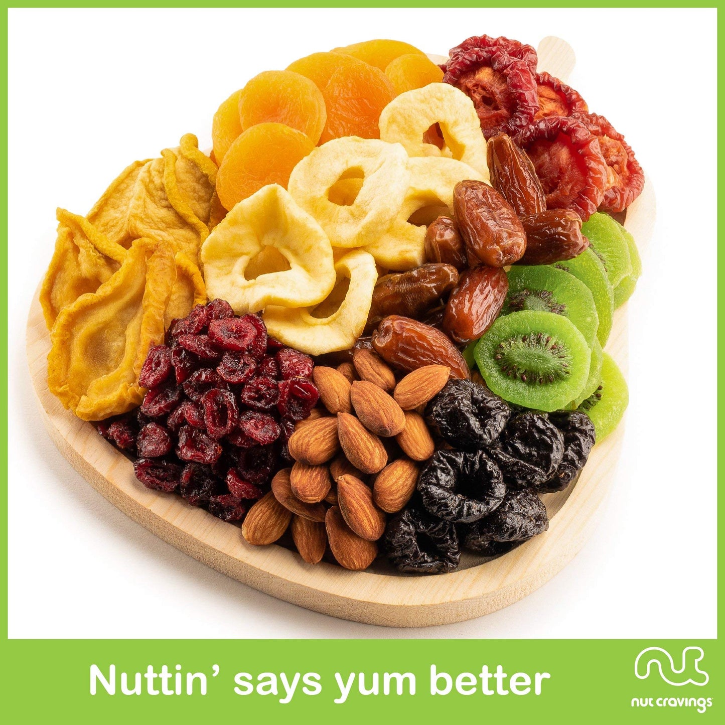NUT CRAVINGS Gourmet Collection - Rosh Hashana & Shana Tova Dried Fruit & Mixed Nuts Gift Basket in Wooden Pear-Shaped Tray (9 A