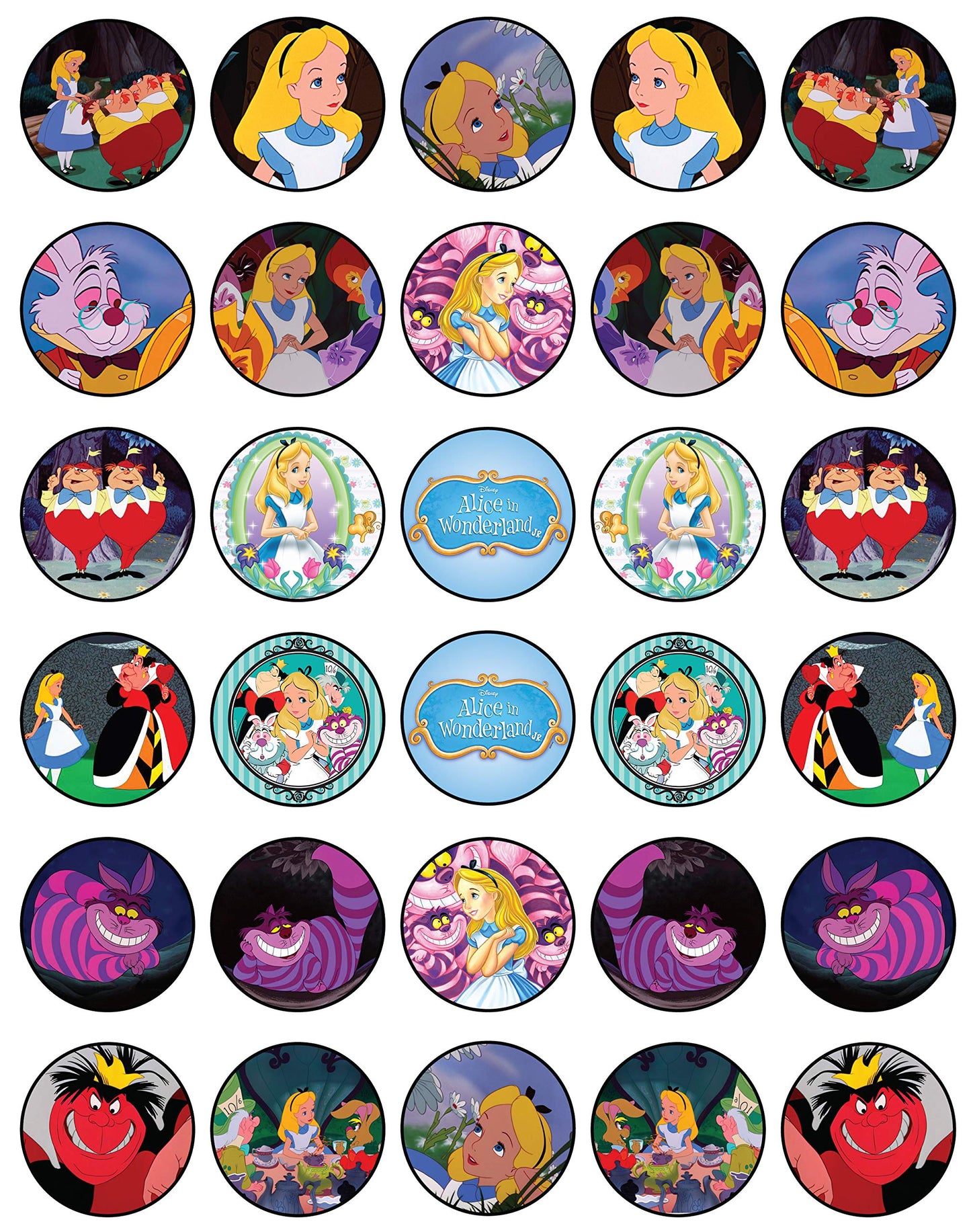 30 X Edible Cupcake Toppers Themed Of Alice In Wonderland Collection Of Edible Cake Decorations | Uncut Edible On Wafer Sheet