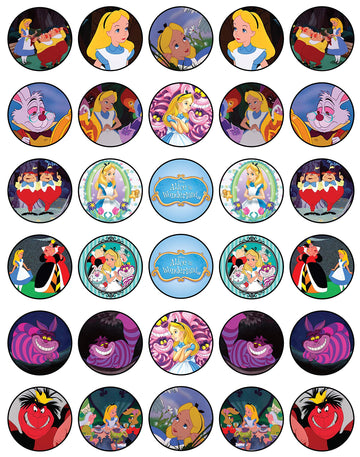 30 X Edible Cupcake Toppers Themed Of Alice In Wonderland Collection Of Edible Cake Decorations | Uncut Edible On Wafer Sheet