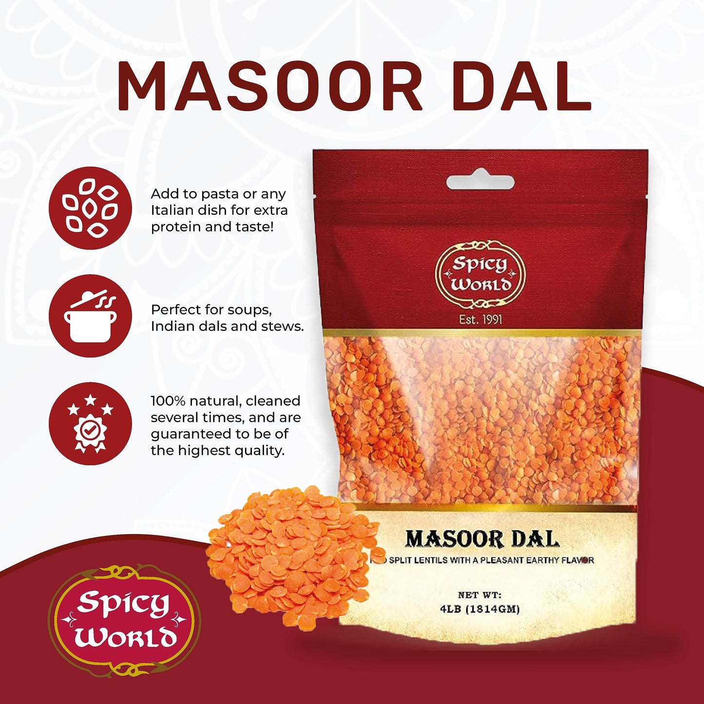 Spicy World Masoor Dal 4 Pound Bag - Split Red Lentils Dry - All Natural, Pure, Vegan - Resealable Bag