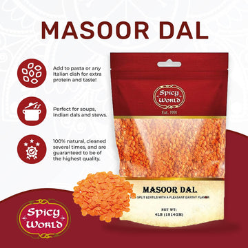 Spicy World Masoor Dal 4 Pound Bag - Split Red Lentils Dry - All Natural, Pure, Vegan - Resealable Bag