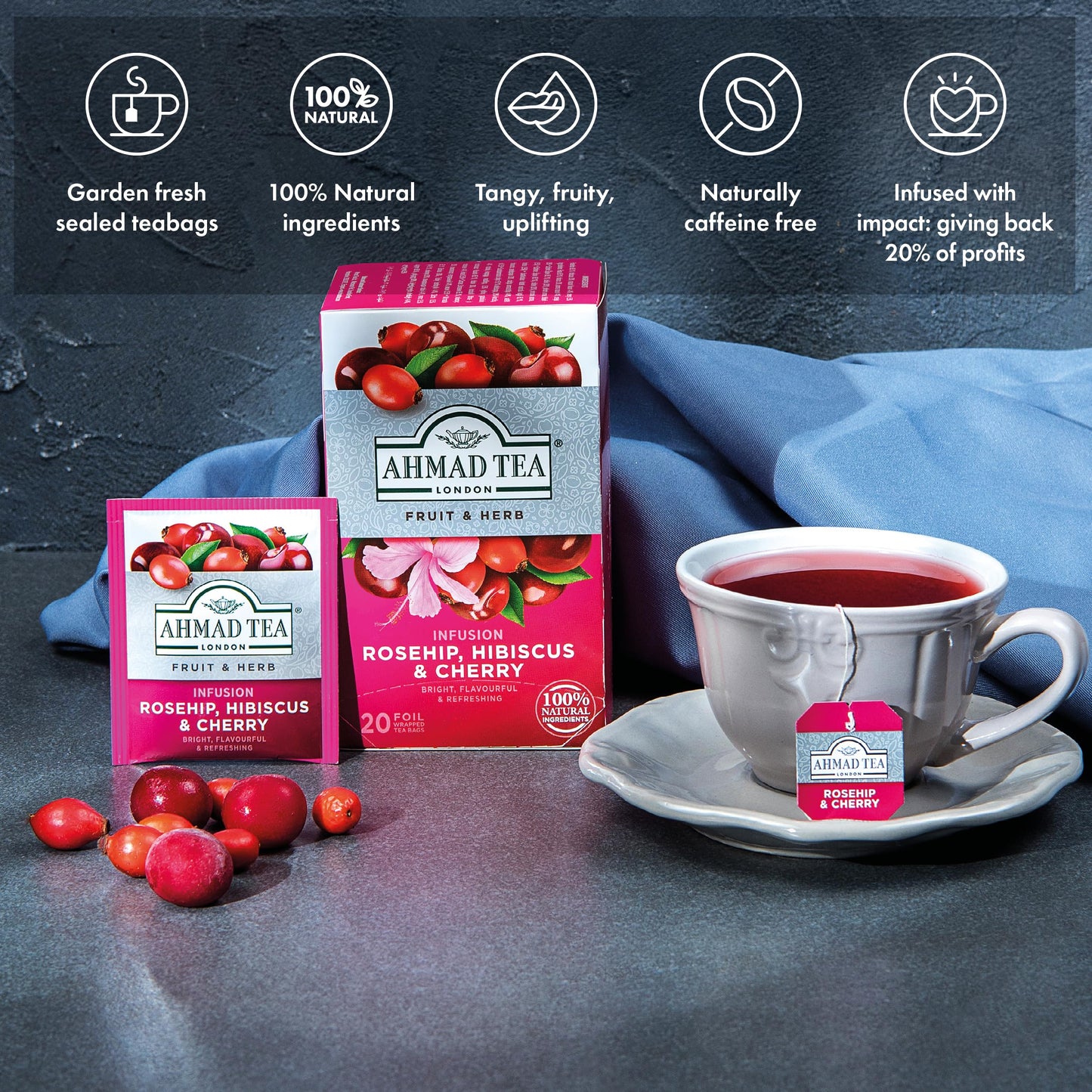 Ahmad Tea Rosehip & Cherry Infusion, 20-Count Tea Bags, Rosehip, Hibiscus & Cherry , 1.4 Oz, (Pack Of 6)