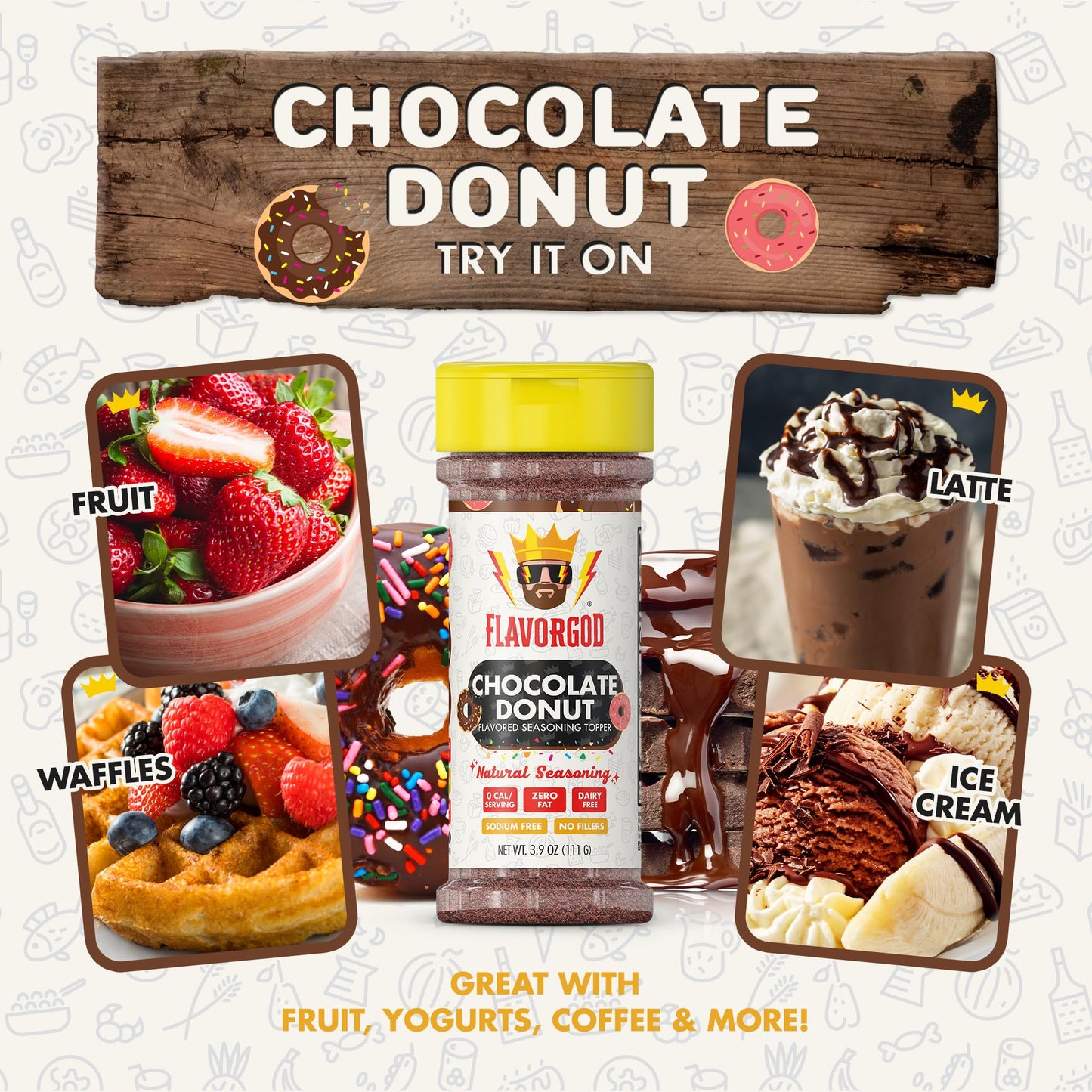 Chocolate Donut Topper Seasoning Mix by Flavor God - Zero Calorie Seasoning for Ice Cream, Donuts, Coffee, Cookies, Popcorn, Pan