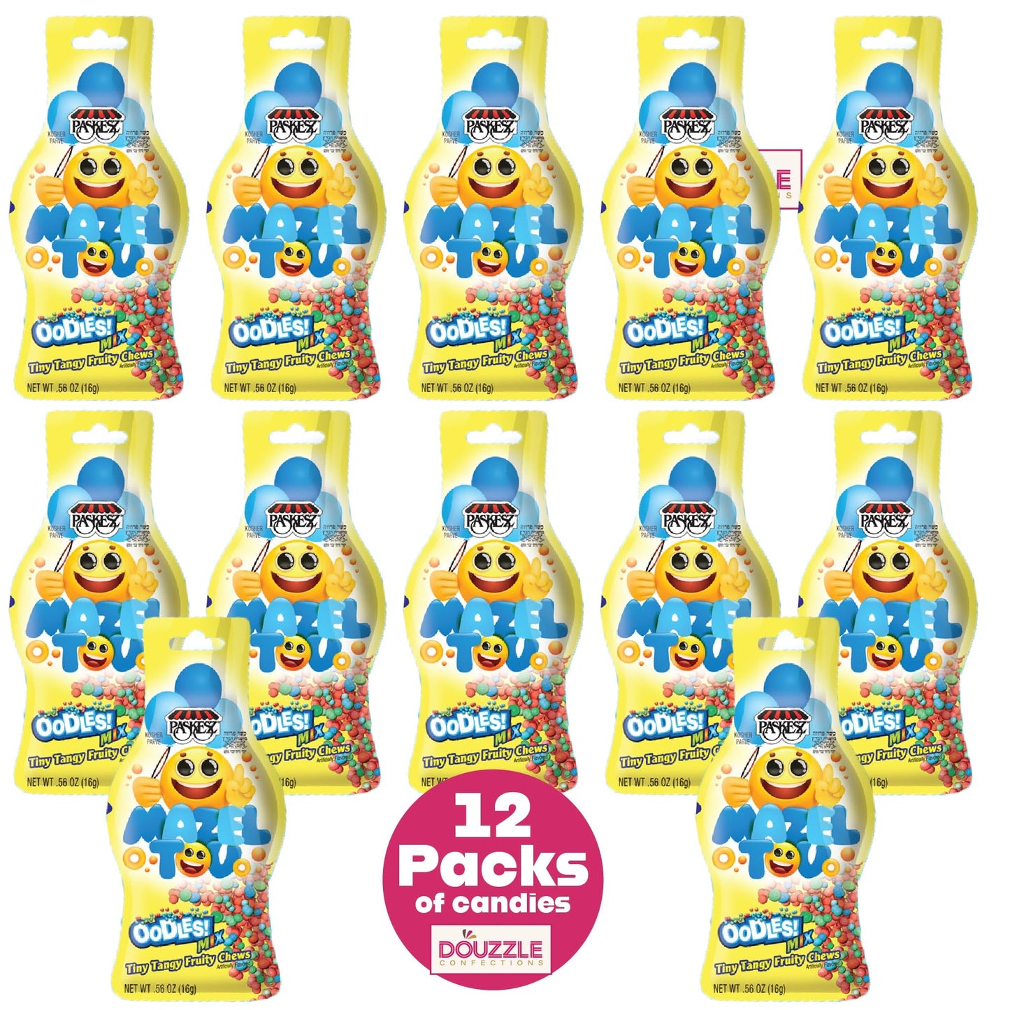 Douzzle Oodles Mazal Tov Emoji, Tiny Tangy Fruity Chews Mix (12 Count, Pack Of 1) Individually Wrapped Candies, Birthday Party F