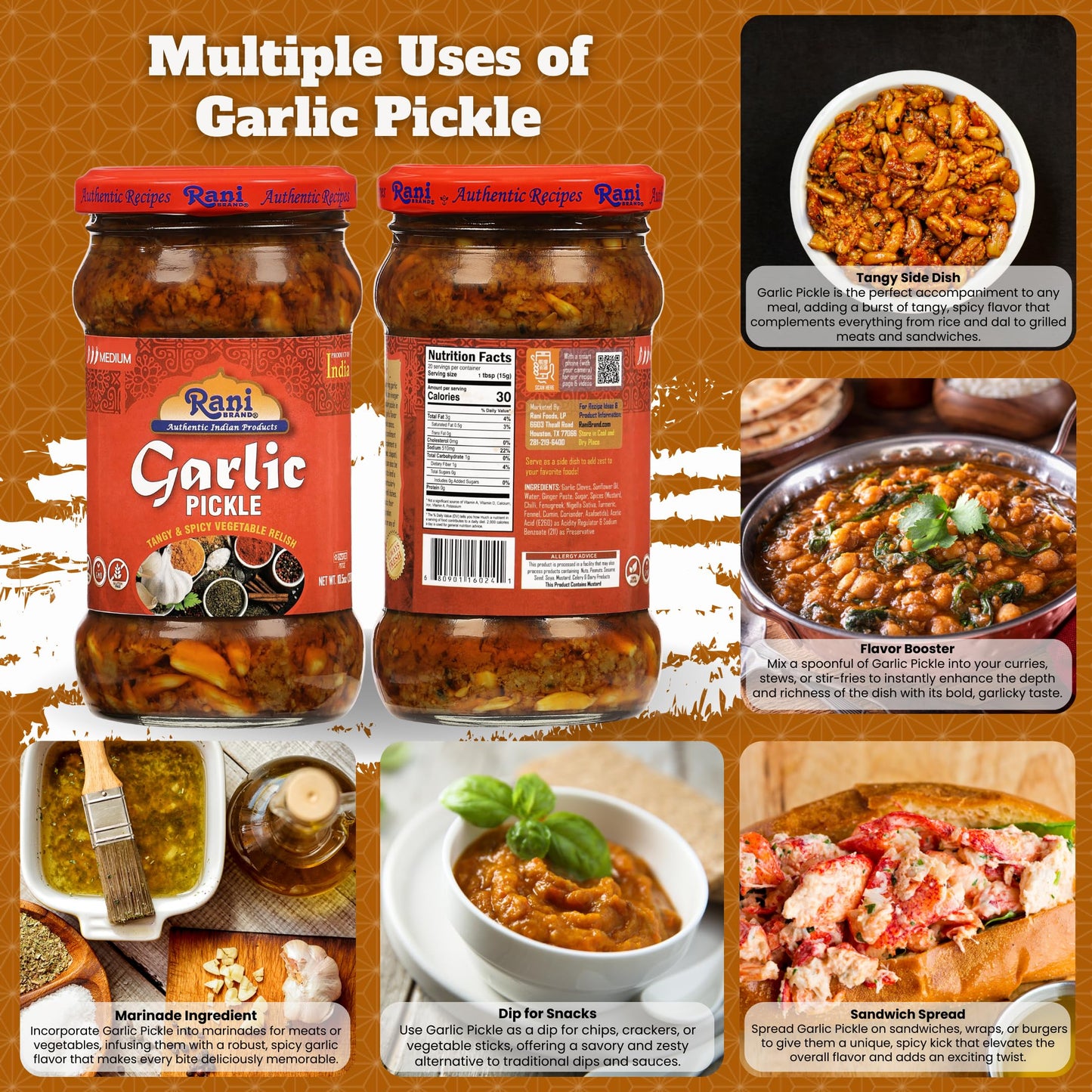 Rani Garlic Pickle, Spicy Indian Relish, Vegan, Gluten Free, 10.5oz (300g) Glass Jar