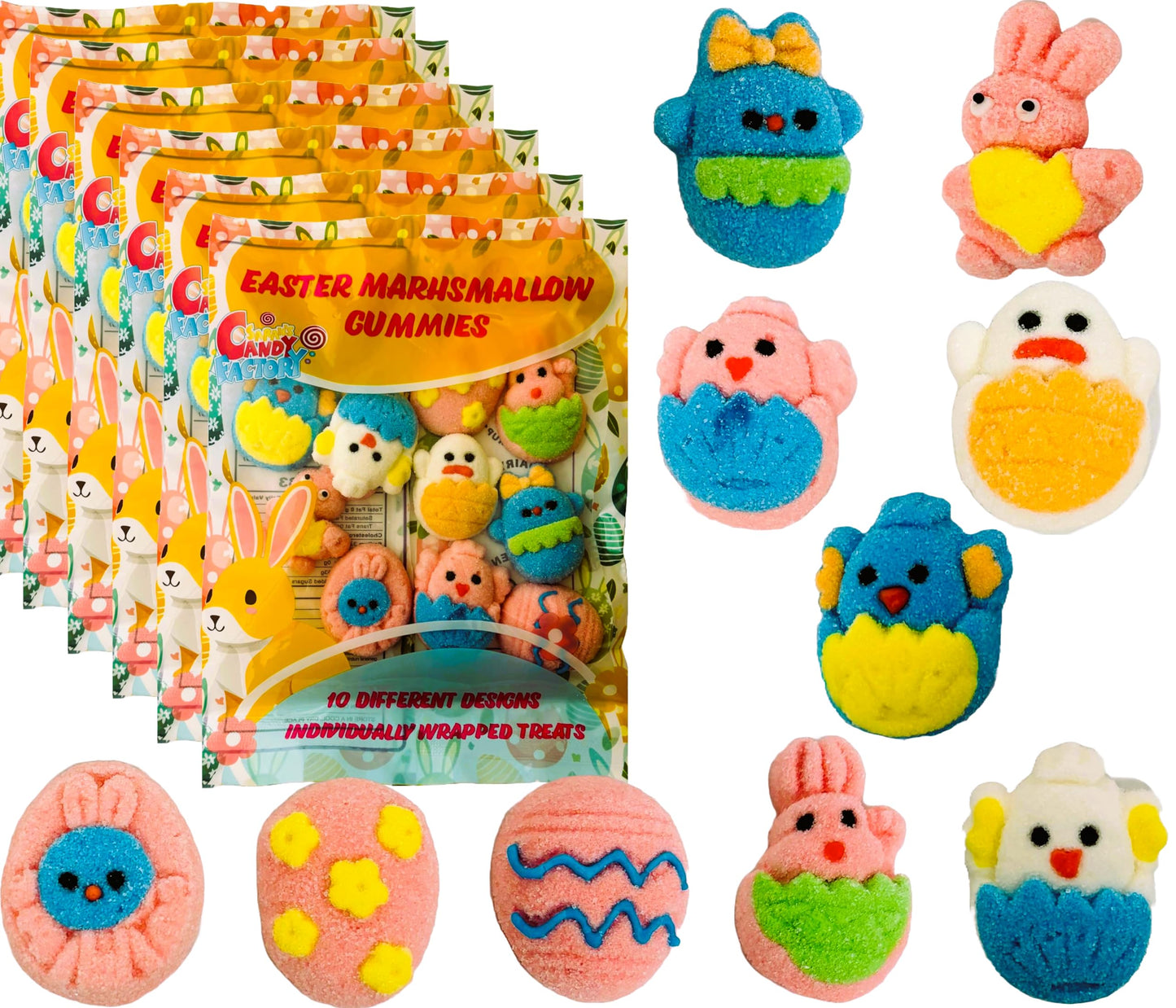 Easter Marshmallow Gummies - 10 Fun Designs, 6-Pack, Total 60 Individually Wrapped Gummies - Gluten-Free & Dairy-Free, Perfect f