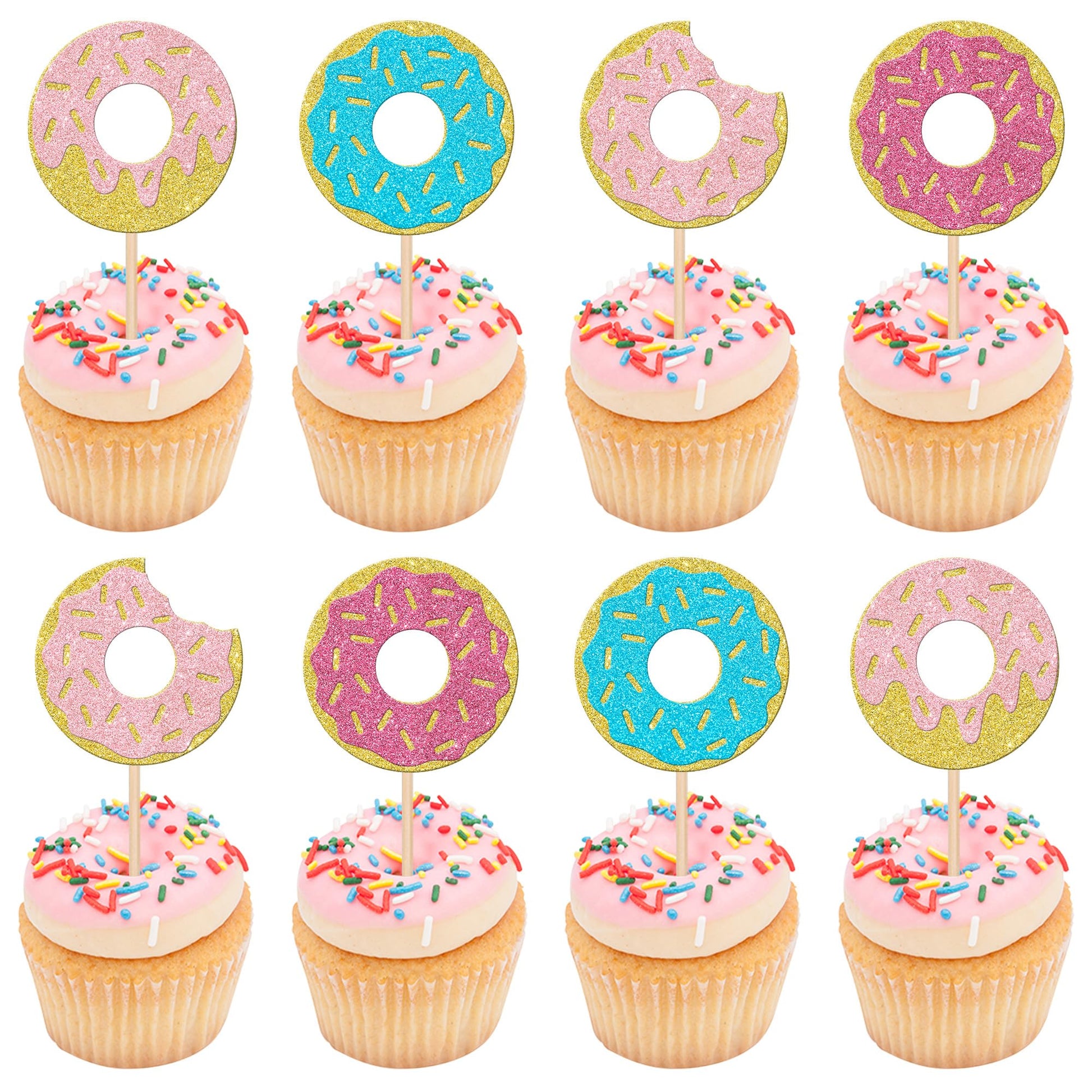 24 PCS Donut Cupcake Toppers Glitter Super Sweet Donuts Cupcake Picks Donut Party Cupcake Decorations for Sweet Theme Celebratin
