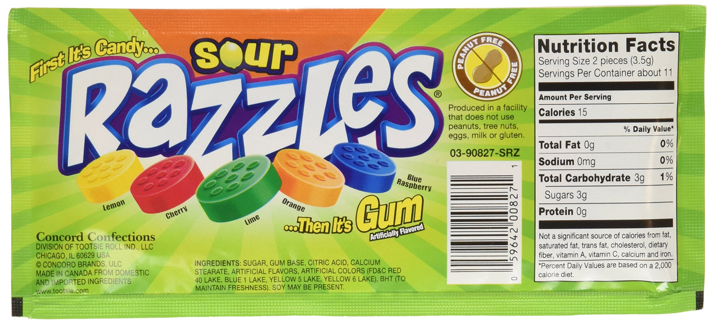 Sour Razzles Candy, 1.4Oz Pouches, 24-Count