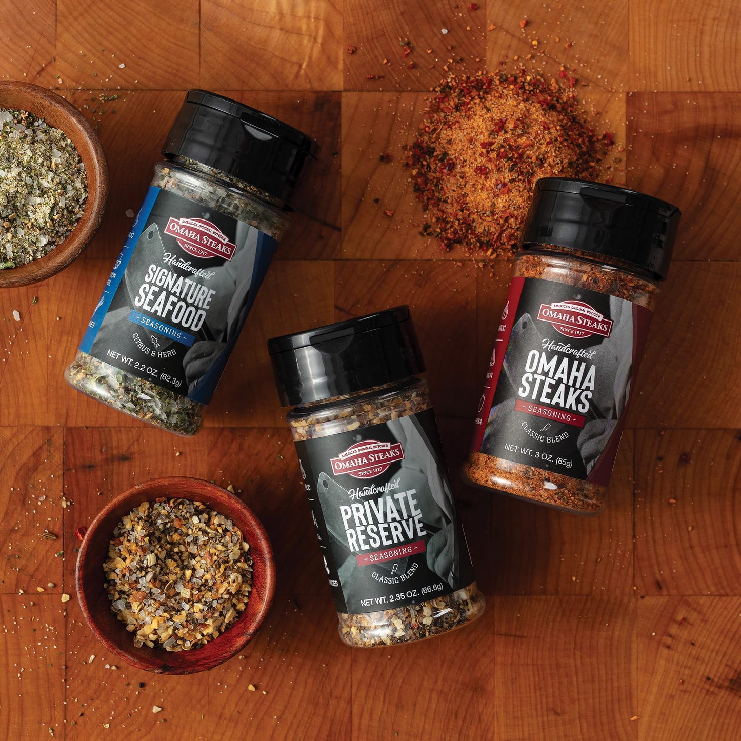 Omaha Steaks Seasoning Flight (1 Jar Private Reserve Rub, 1 Jar Signature Seafood Rub, 1 Jar Omaha Steaks Seasoning)