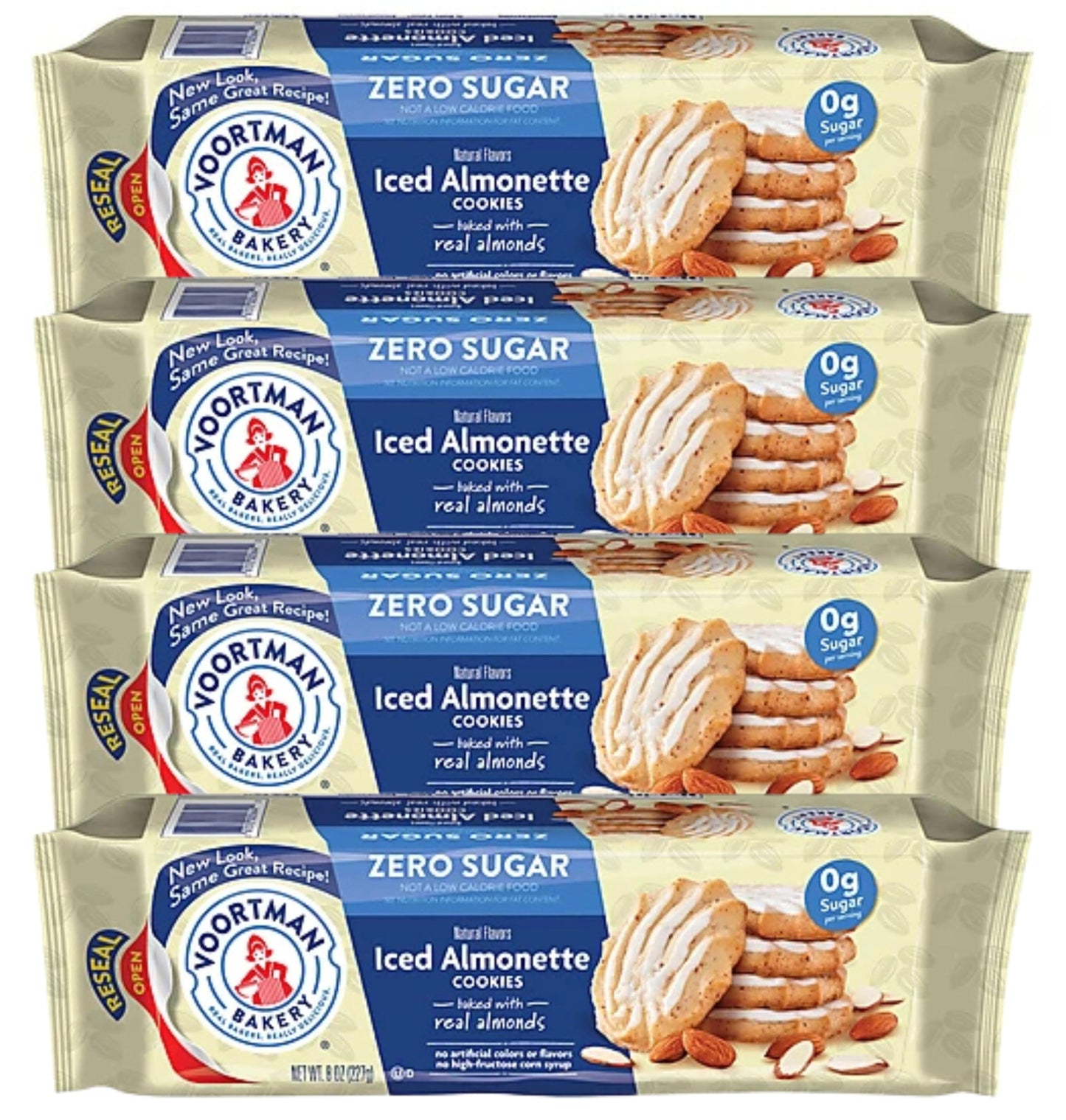 Voortman Bakery #1 in U.S. ZERO SUGAR COOKIES - Iced Almonette Cookies (Pack of 4 x 8 Oz Ea) Made Real ingredients ... Delicious