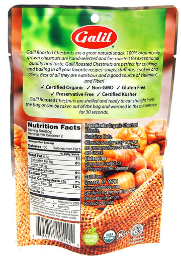 Galil Organic Roasted Chestnuts Pack of 12 Shelled & Ready to Eat - Gluten Free, Vegan, Organic, Non-GMO, Kosher Snacks - Great