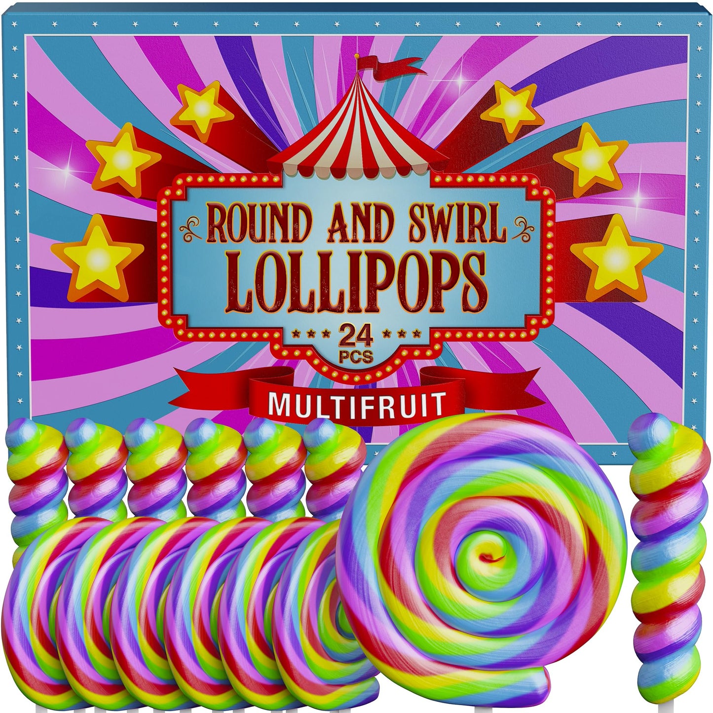 Primary Colors Candy Rainbow Swirl & Round Lollipops 24pk - Large Individually Wrapped Candy for Party Favors
