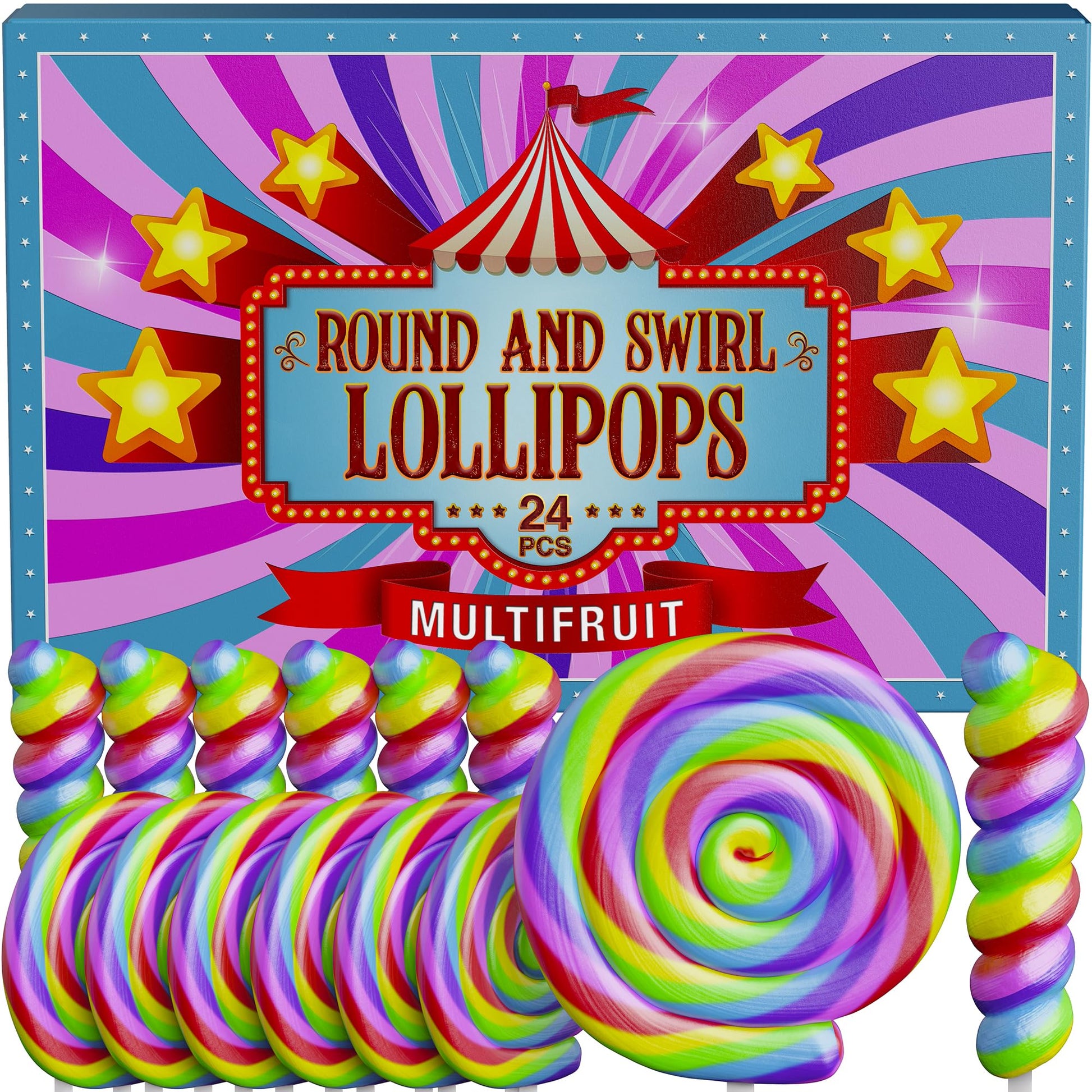 Primary Colors Candy Rainbow Swirl & Round Lollipops 24pk - Large Individually Wrapped Candy for Party Favors