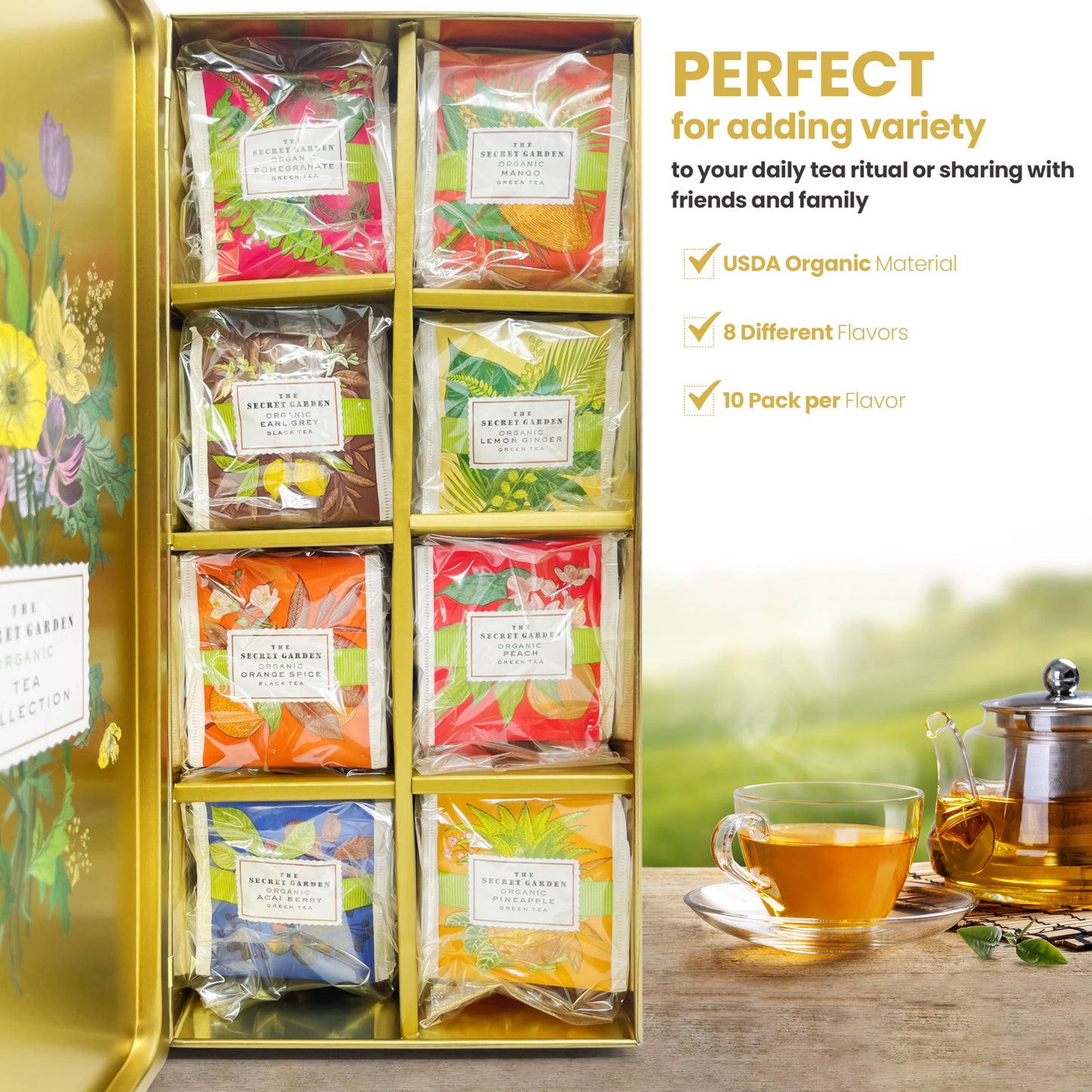 Premium Organic Tea Bag 80 Pack Sampler Designer Tin Book Gift Set 10 Per Flavor Assorted Variety Exotic Fruit Herbal Black And