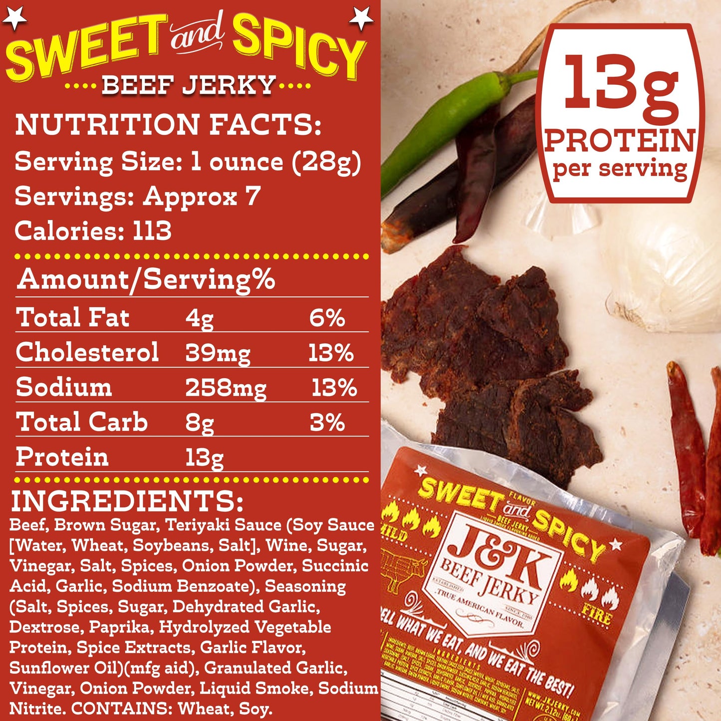 J&K Beef Jerky Sweet and Spicy Beef Jerky - Handcrafted Small Batch - 7oz Bag