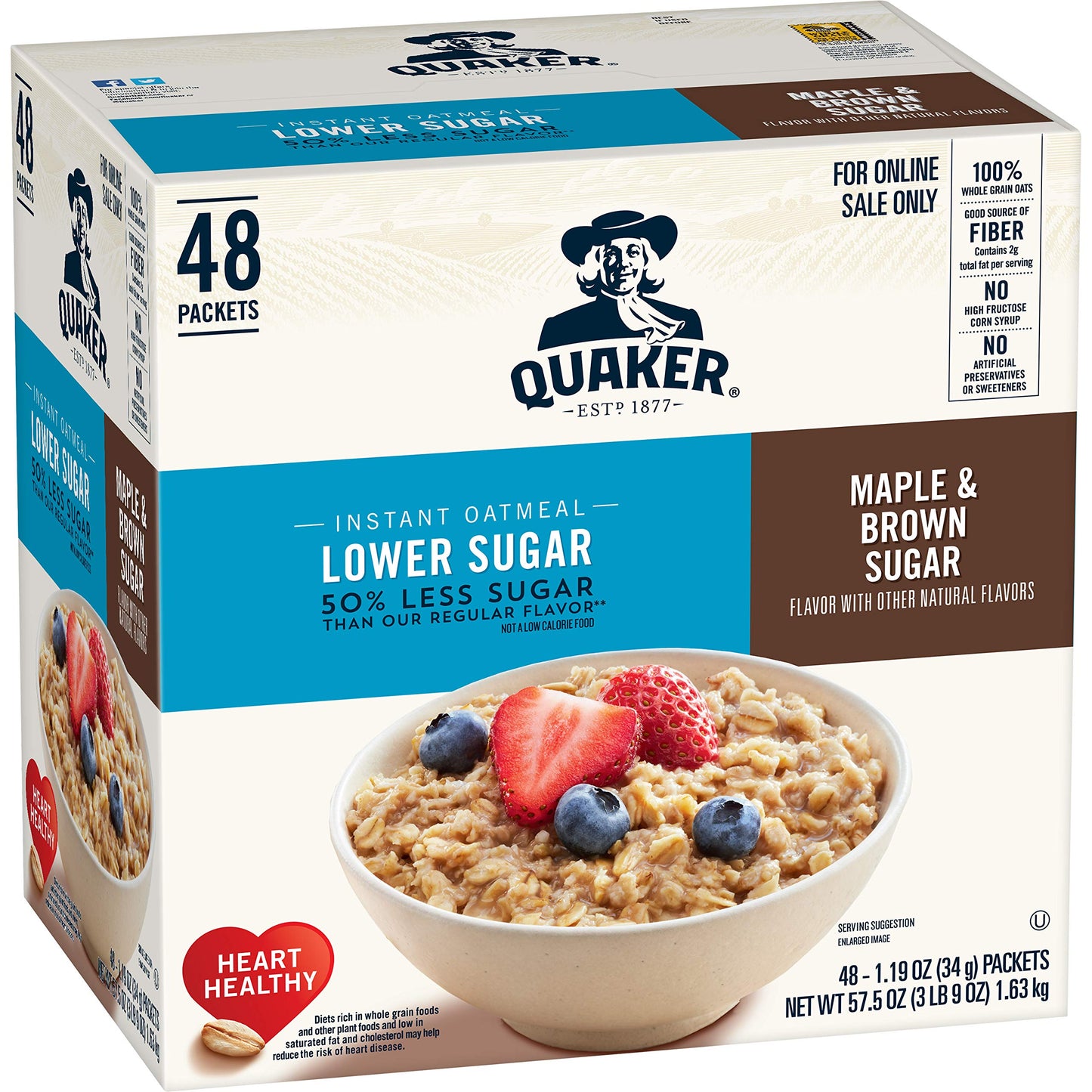 Quaker Instant Oatmeal Lower Sugar Maple & Brown Sugar, 1.19 Ounce Pack of 48