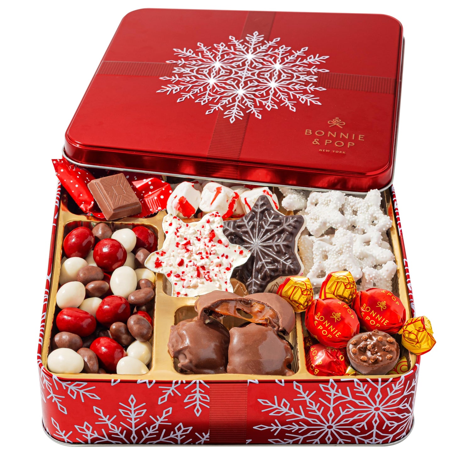 Bonnie and Pops Holiday Tin- with Assorted Christmas Chocolate  Nuts  Bark  Truffles - Festive  Corporate  Family  Gift Basket Idea for Men and Women