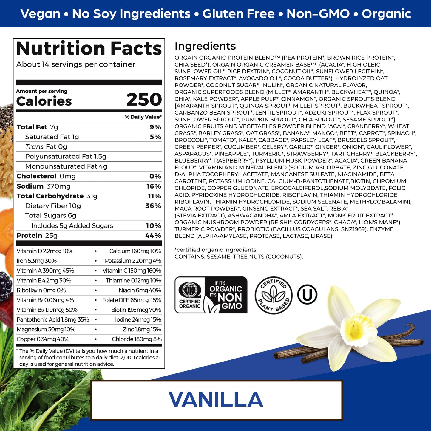 Orgain Vegan Meal Replacement Protein Powder, 25g Protein, 80+ Superfoods, 10g Fiber, 34.5 oz, Vanilla