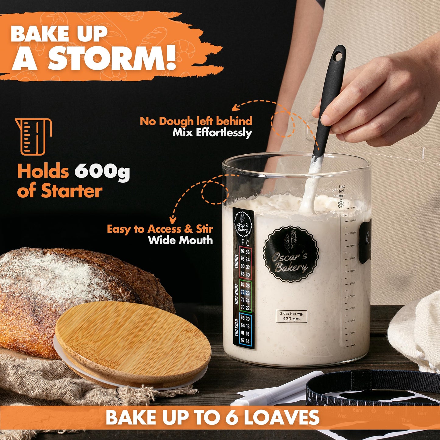 Oscars Bakery Sourdough Starter Jar Kit – 40 oz Glass Crock with Lid, Includes Accessories & Recipe for Bread Baking