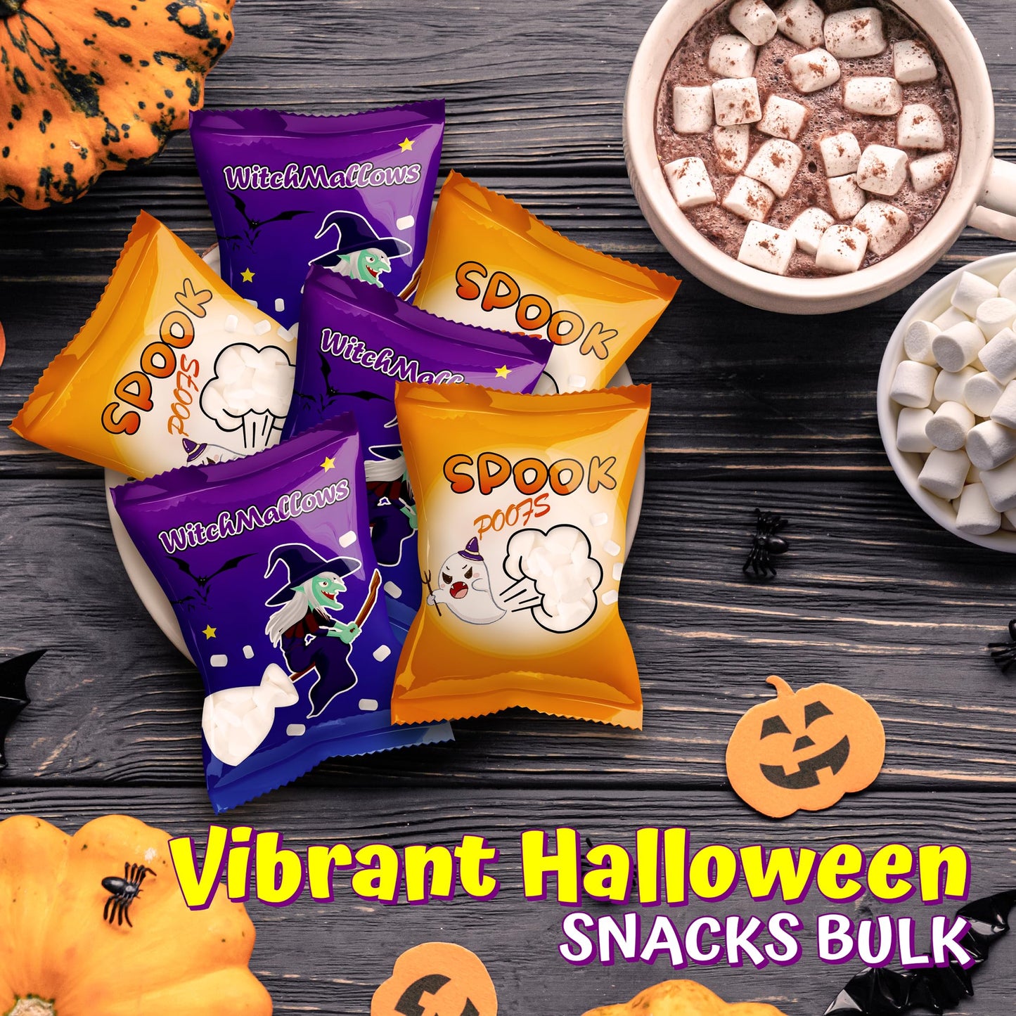 50 Pack Assorted Halloweens Mini Marshmallows Individually Wrapped  Witchmallow & Spook Poof  Vanilla Flavored  Halloweens Themed Snacks Bulk  Kids Fun Halloween Candy Bulk for Trick or Treat