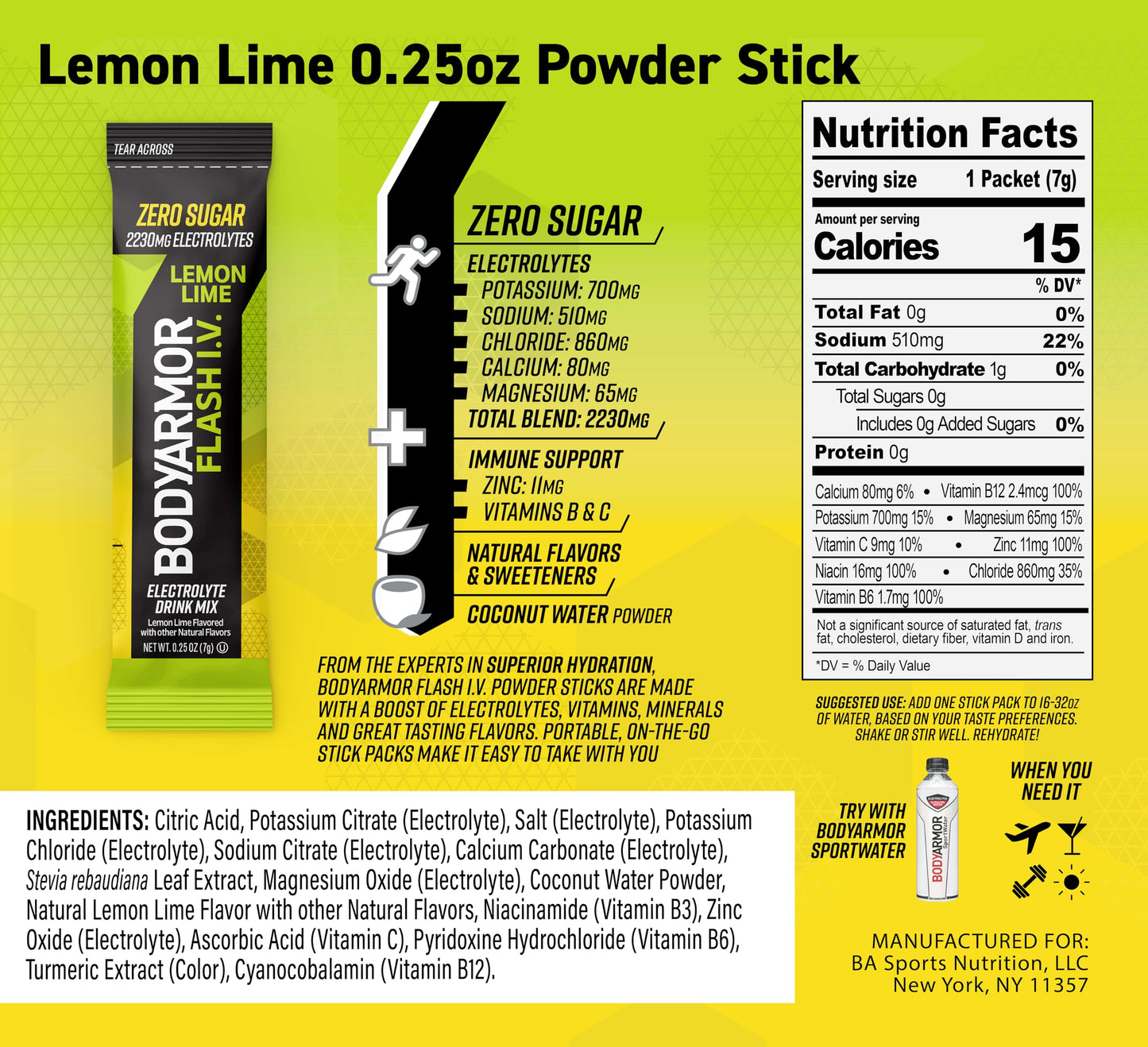 Bodyarmor Flash Iv Electrolyte Packets, Strawberry Kiwi, Lemon Lime, & Tropical Punch Variety Pack - Zero Sugar Drink Mix, Singl
