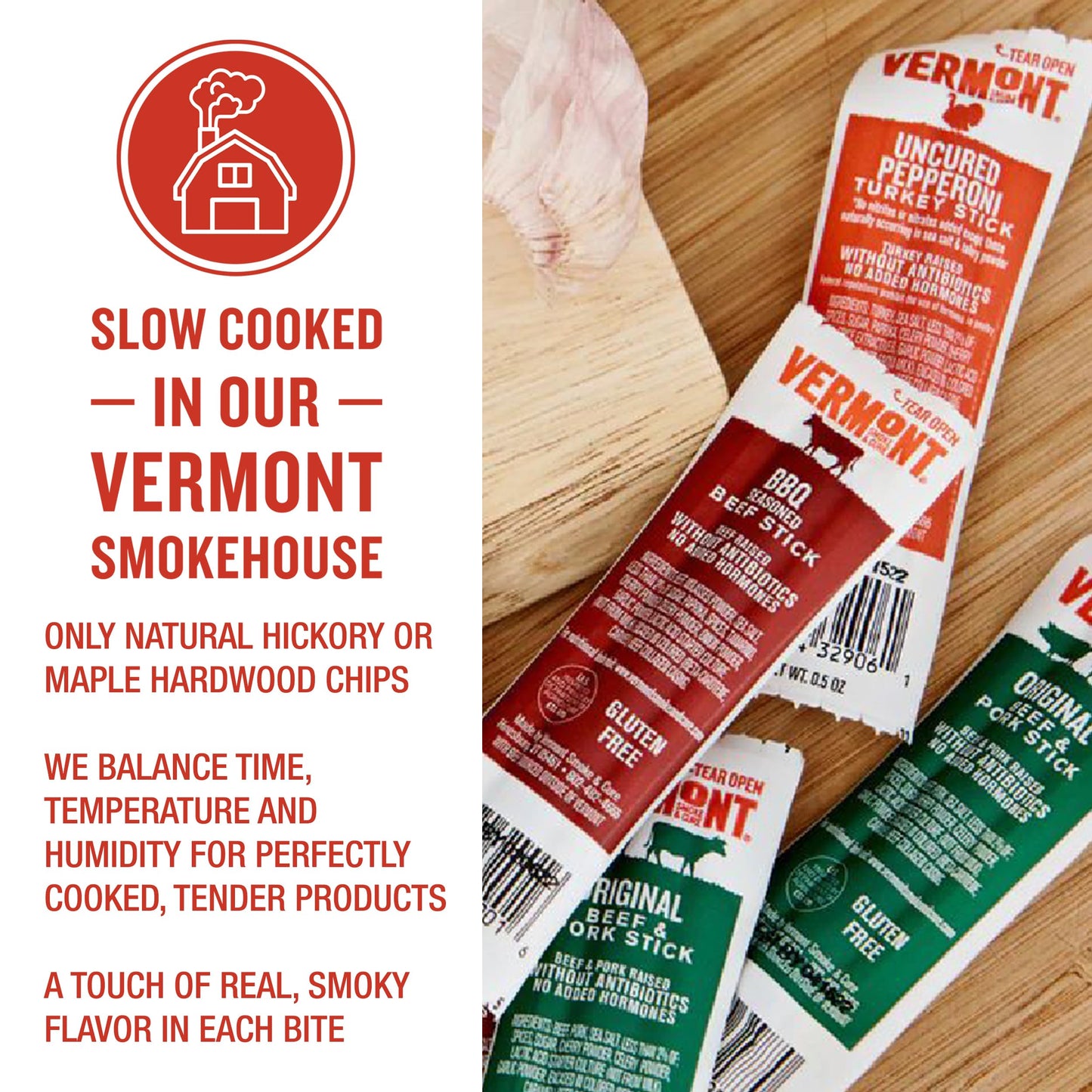 Vermont Smoke & Cure Hickory Smoked Uncured Bacon Pork Sticks, 0.5 oz, 48 Count, Portable Meat Snack for mature-themeds & Kids
