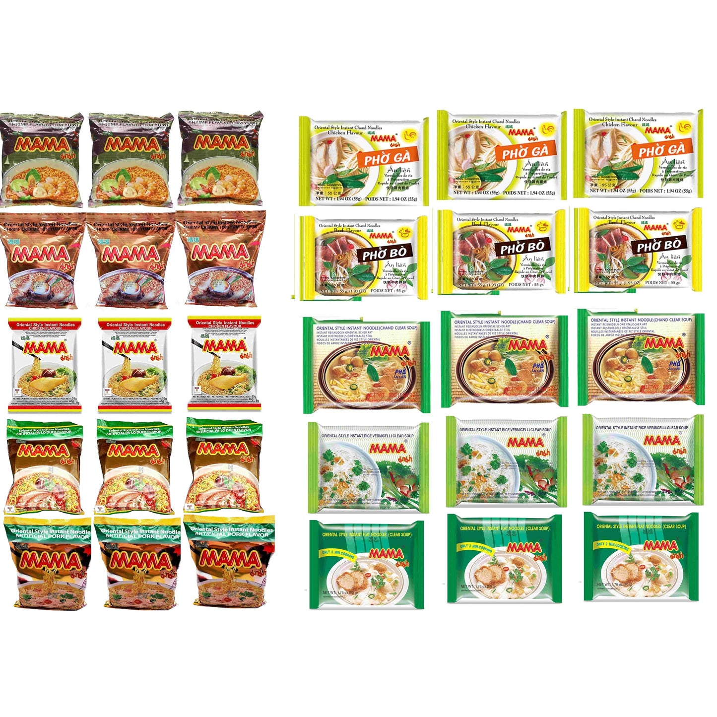 Mama Oriental Style instant noodles Mix Flavor Bundle Package Total 30 Packs (10 Flavor Mix, shrimp Tom Yum Flavor, shrimp cream