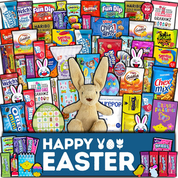 Easter Care Package (65ct) - Candy Snacks Treats Plush Bunny Chocolate Cookies Gift Box Bundle Basket Fillers Stuffers Present K