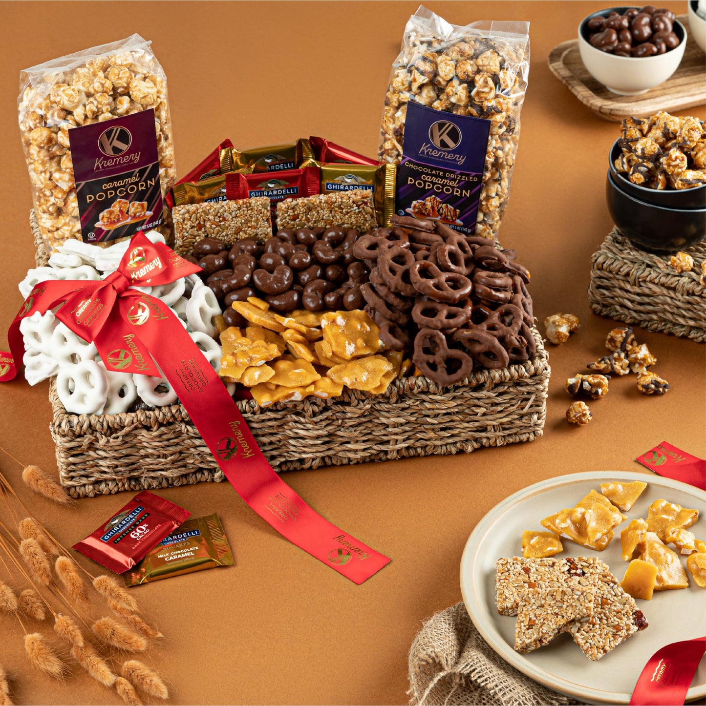 Nut Cravings KREMERY Chocolate Covered Pretzels & Caramel Popcorn Gift Basket, 3.5 lbs, Deluxe Seagrass Tray with Ribbon