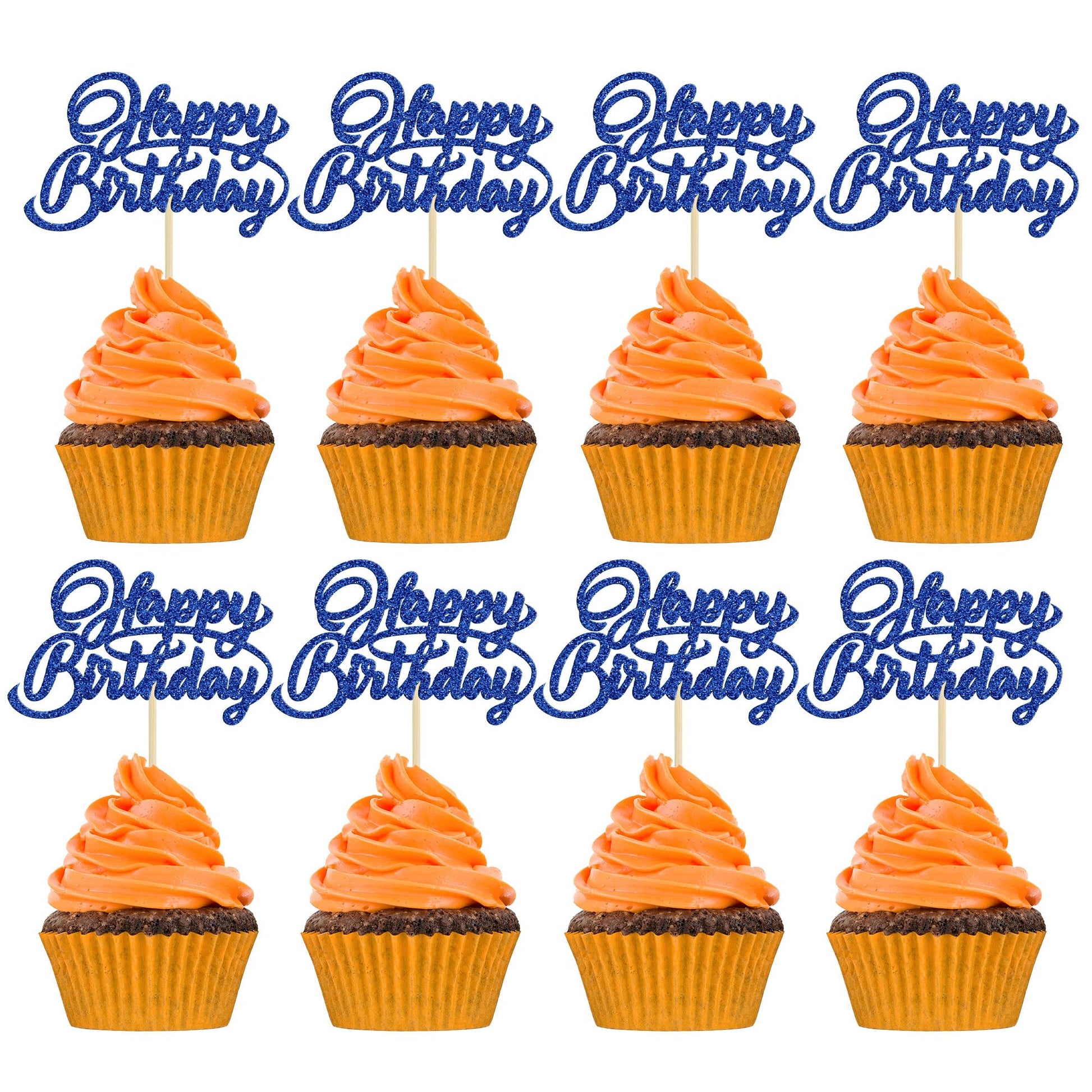 24Pcs Happy Birthday Cupcake Toppers Dark Blue Glitter Birthday Cupcake Food Picks For Celebrating Happy Birthday Party Cake Dec