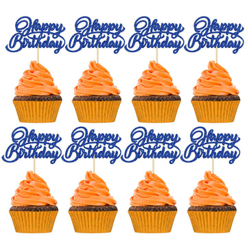 24Pcs Happy Birthday Cupcake Toppers Dark Blue Glitter Birthday Cupcake Food Picks For Celebrating Happy Birthday Party Cake Dec