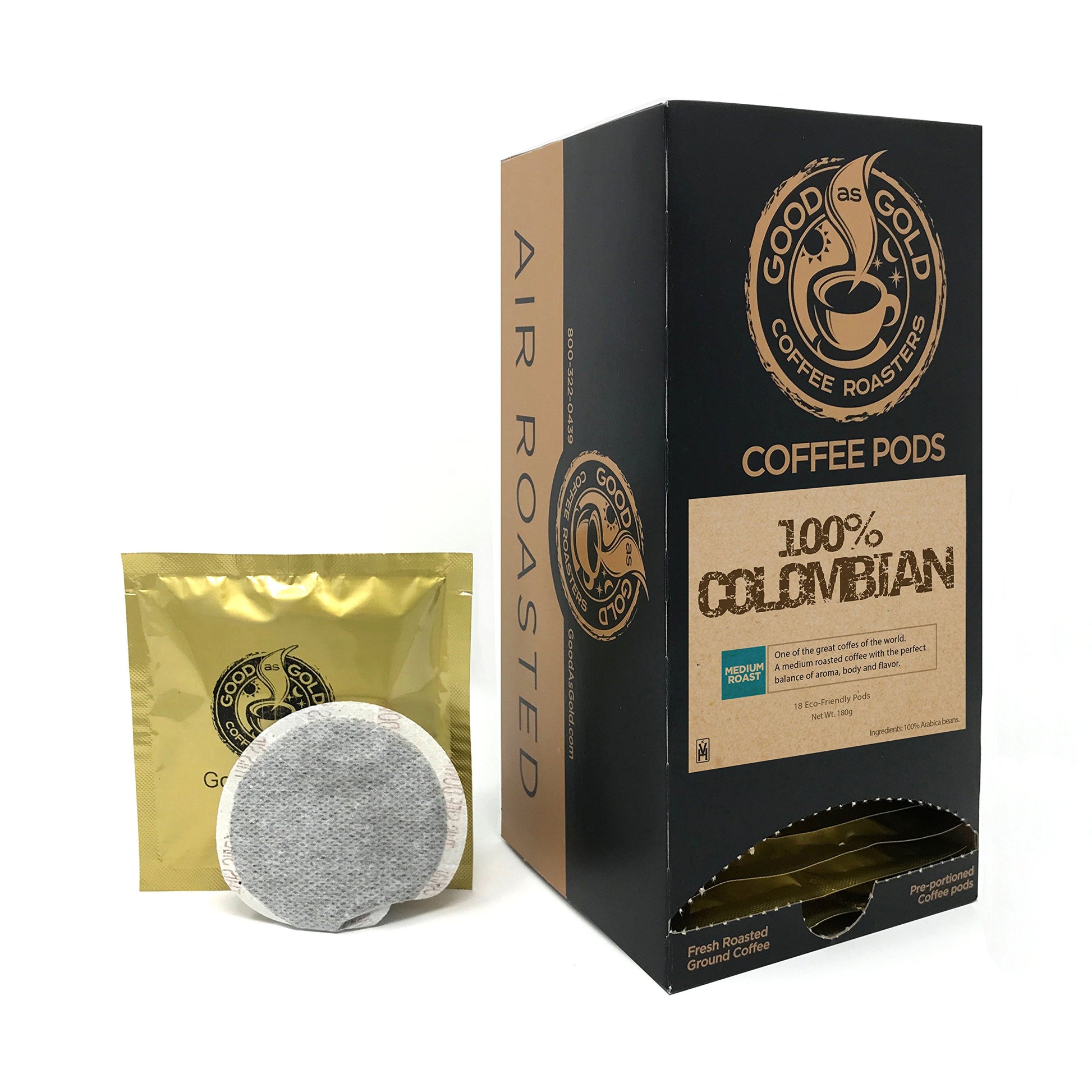 100% Colombian Coffee Pods - Good As Gold Coffee - (1 Box / 18 Coffee Pods)
