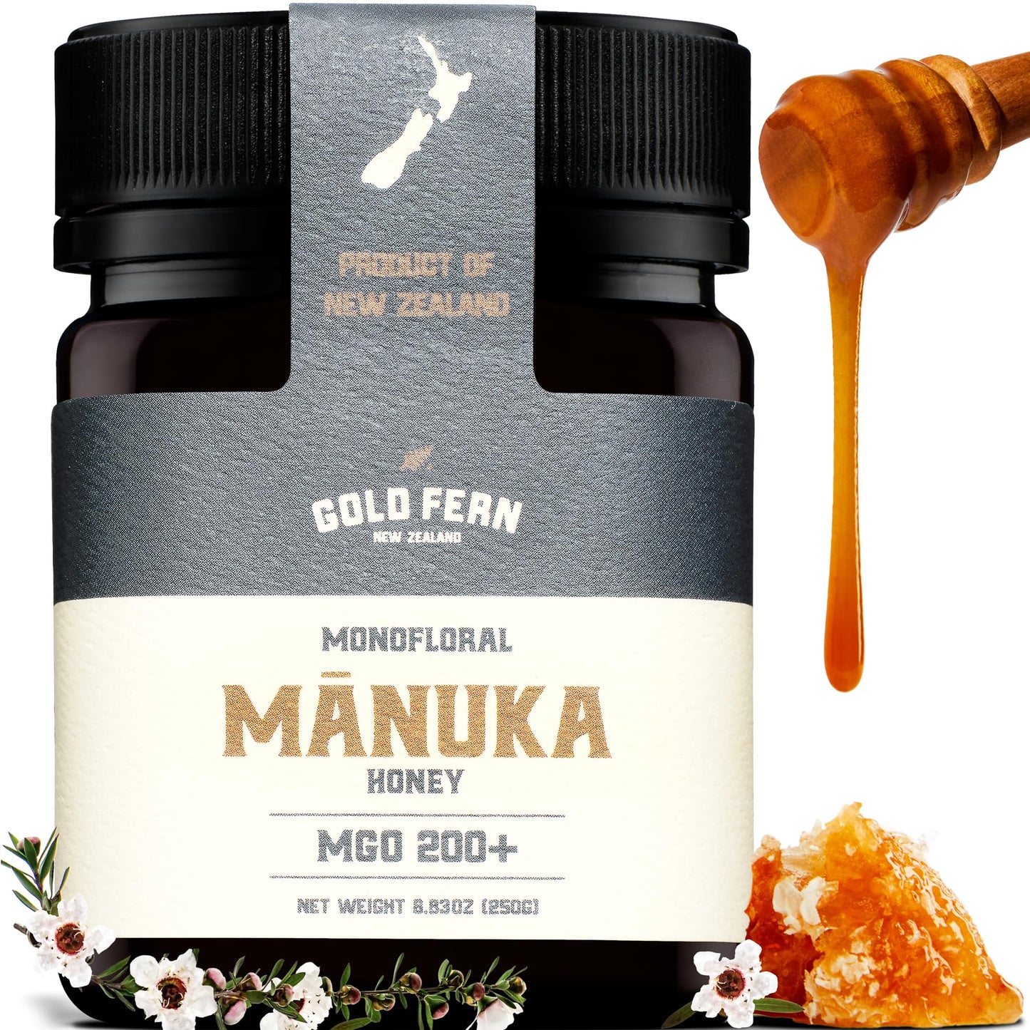 Gold Fern Honey - Raw New Zealand Manuka Honey | 8.8oz MGO 200+ | Pure, Natural, Unpasteurized, and Unfiltered Superfood Honey, 