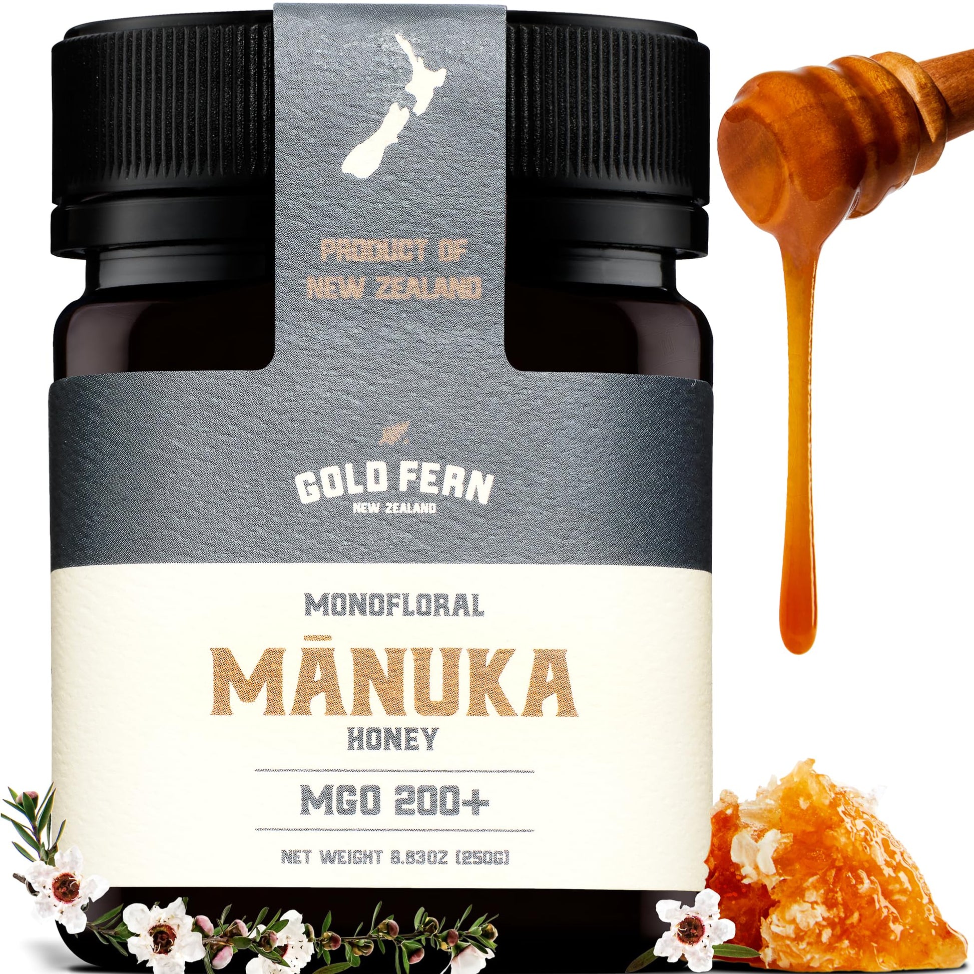 Gold Fern Honey - Raw New Zealand Manuka Honey | 8.8oz MGO 200+ | Pure, Natural, Unpasteurized, and Unfiltered Superfood Honey, 