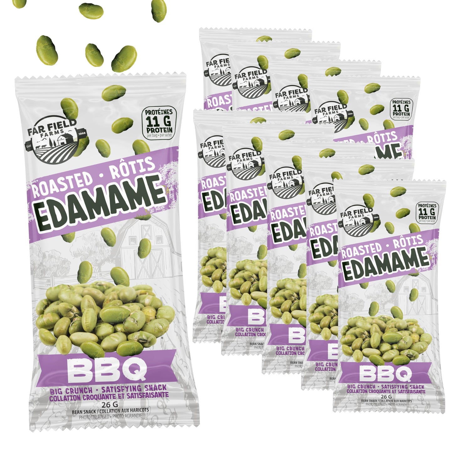 Far Field Crunchy Roasted Edamame Beans - BBQ, 10-Pack, 11g Protein Per 26g Bag, Low Carb, High-Protein Plant-Based Snack