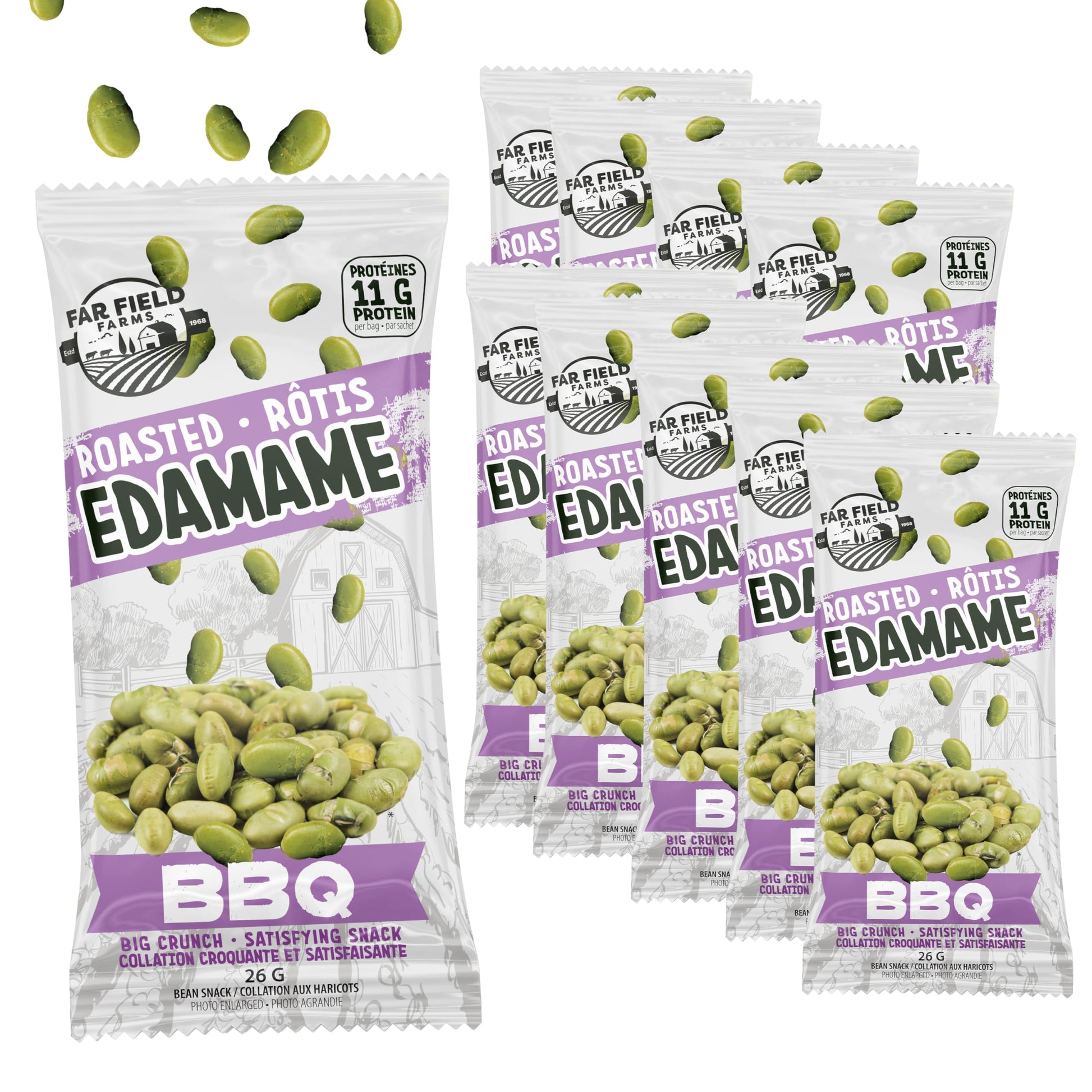 Far Field Crunchy Roasted Edamame Beans - BBQ, 10-Pack, 11g Protein Per 26g Bag, Low Carb, High-Protein Plant-Based Snack