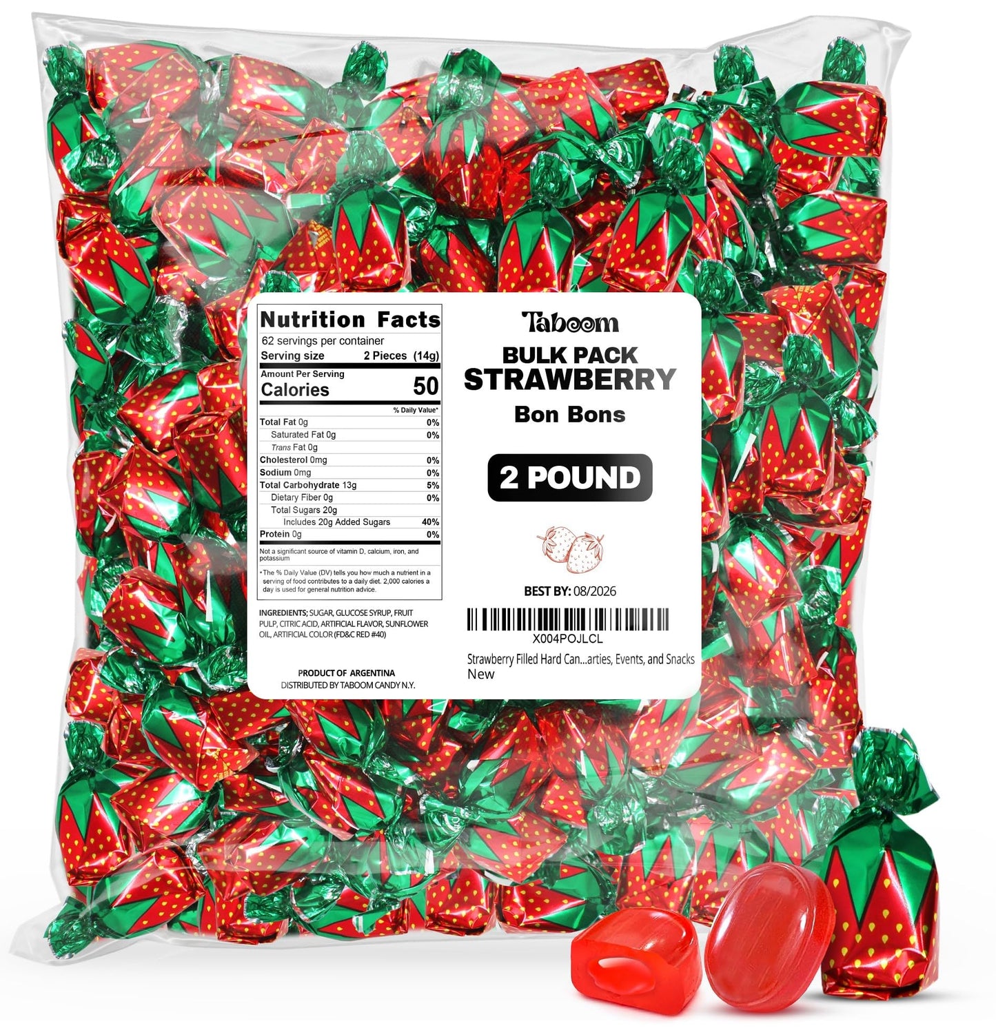 Strawberry Filled Hard Candy Bon Bons 2 lbs Bulk Pack - Individually Wrapped Fruit-Filled Candy  Classic Strawberry Hard Candy for Holiday   Parties  and Snacks