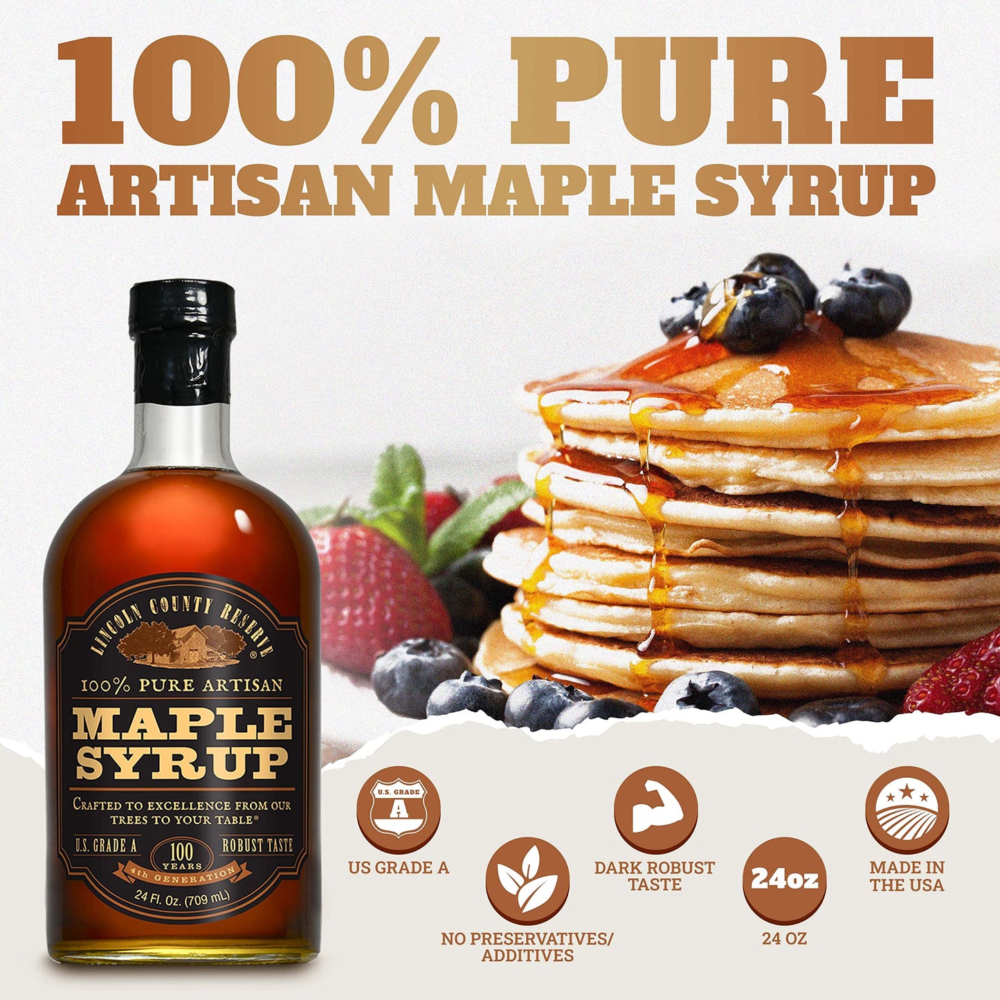 Lincoln County Reserve Pure Maple Syrup, Grade A Dark, 24 Oz Glass Bottle, Bold Flavor, USA Made