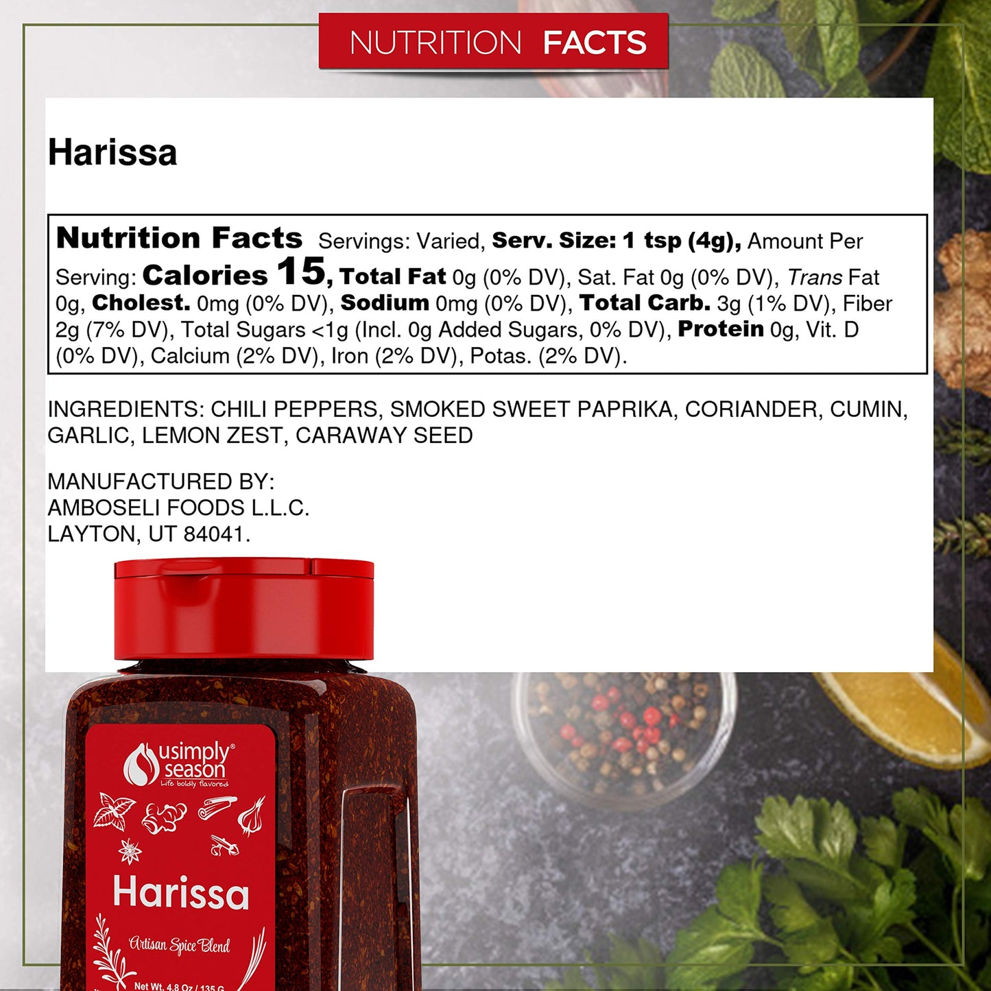 USimplySeason Harissa Spice (4.8 oz) - Vibrant Moroccan Seasoning for Heat and Depth, Perfect for Meats, Soups, and Sauces - No