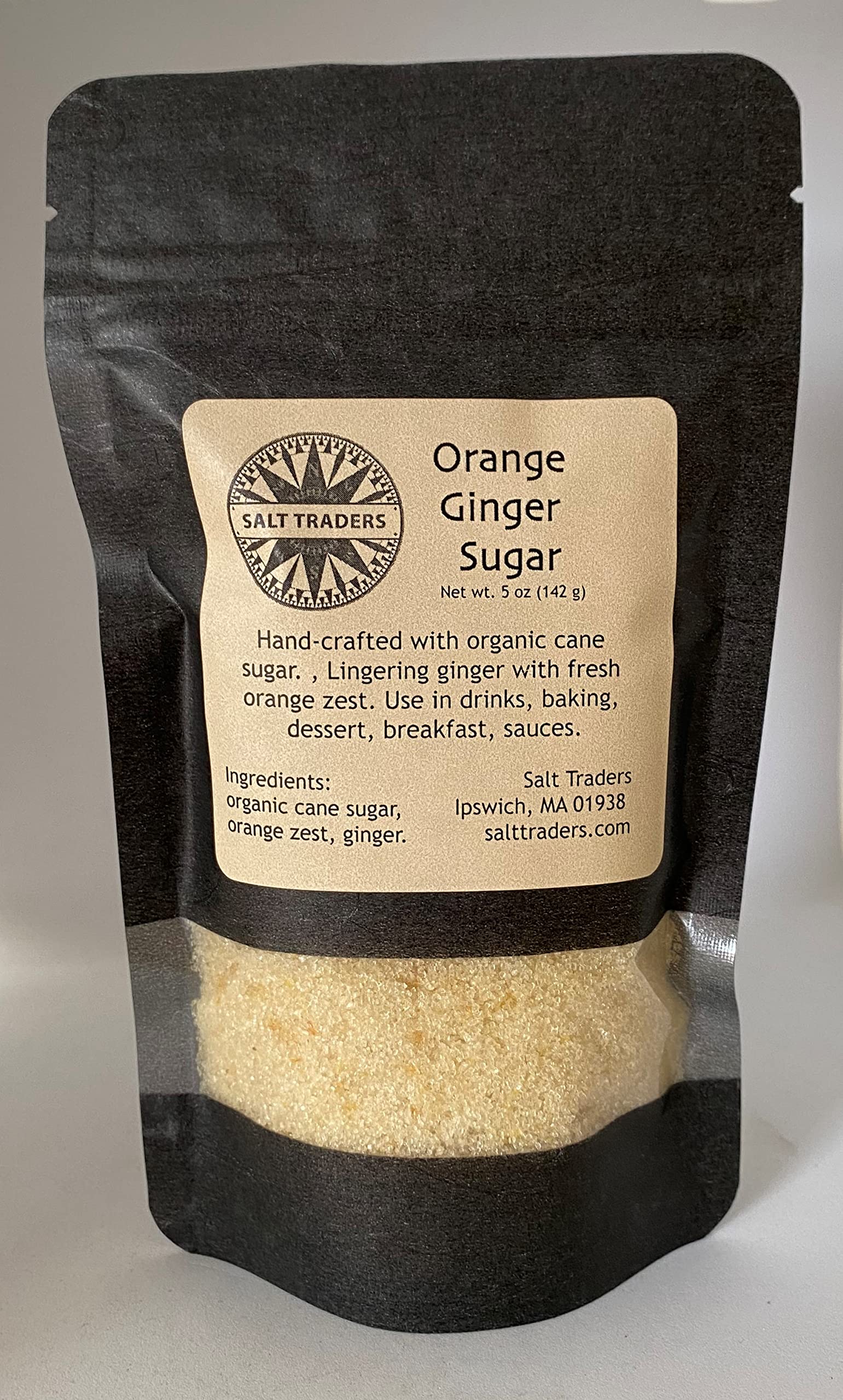 DIDI DAVIS FOOD Orange Ginger Flavored Cane Sugar - 5 oz Rice Paper Zip Bag - Light Brown, Orange