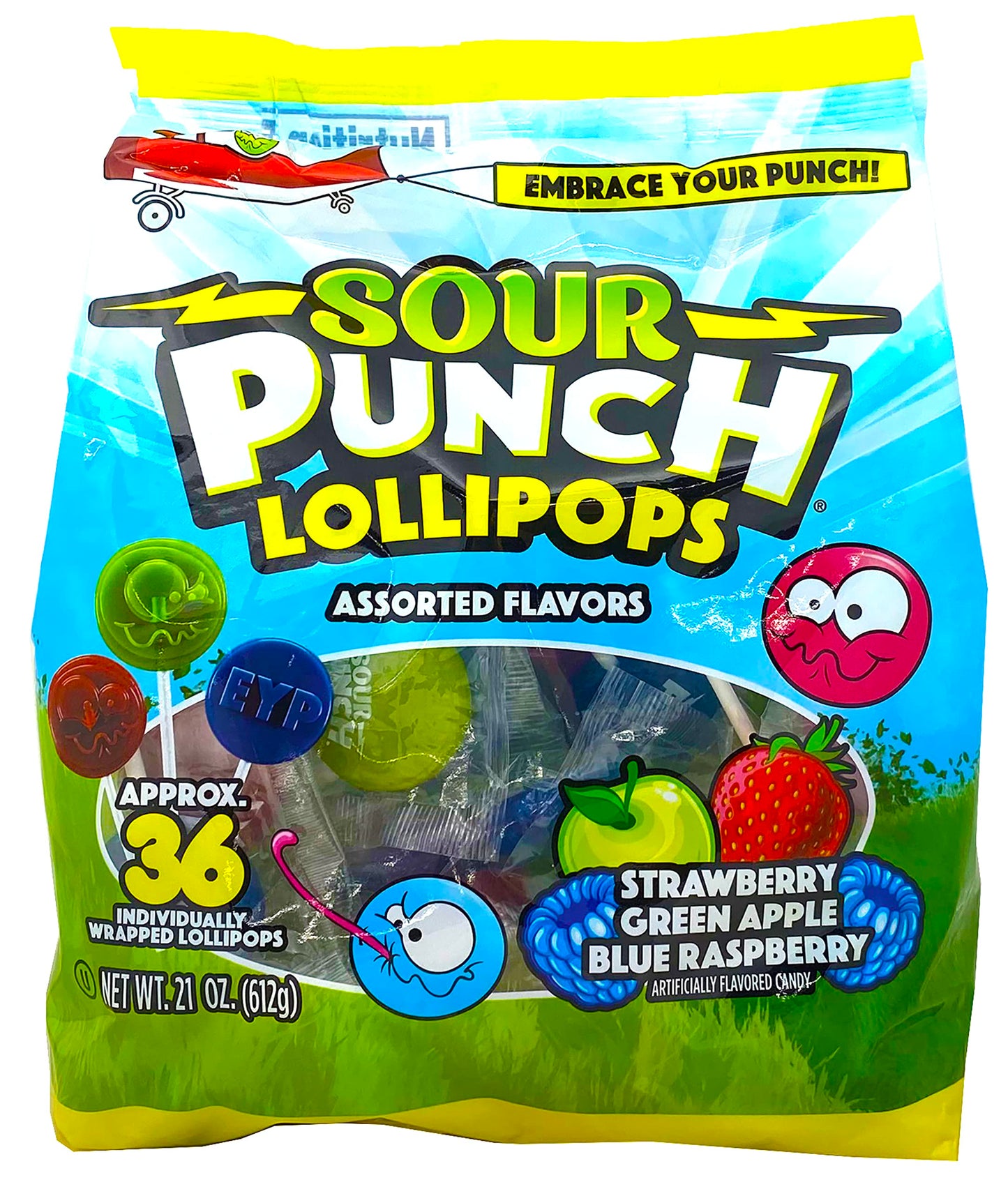Adams & Brooks, Inc. Sour Punch Lollipops Sour Fruit Flavors Strawberry, Green Apple, Blue Raspberry Sour Lollipops, Sour Punch