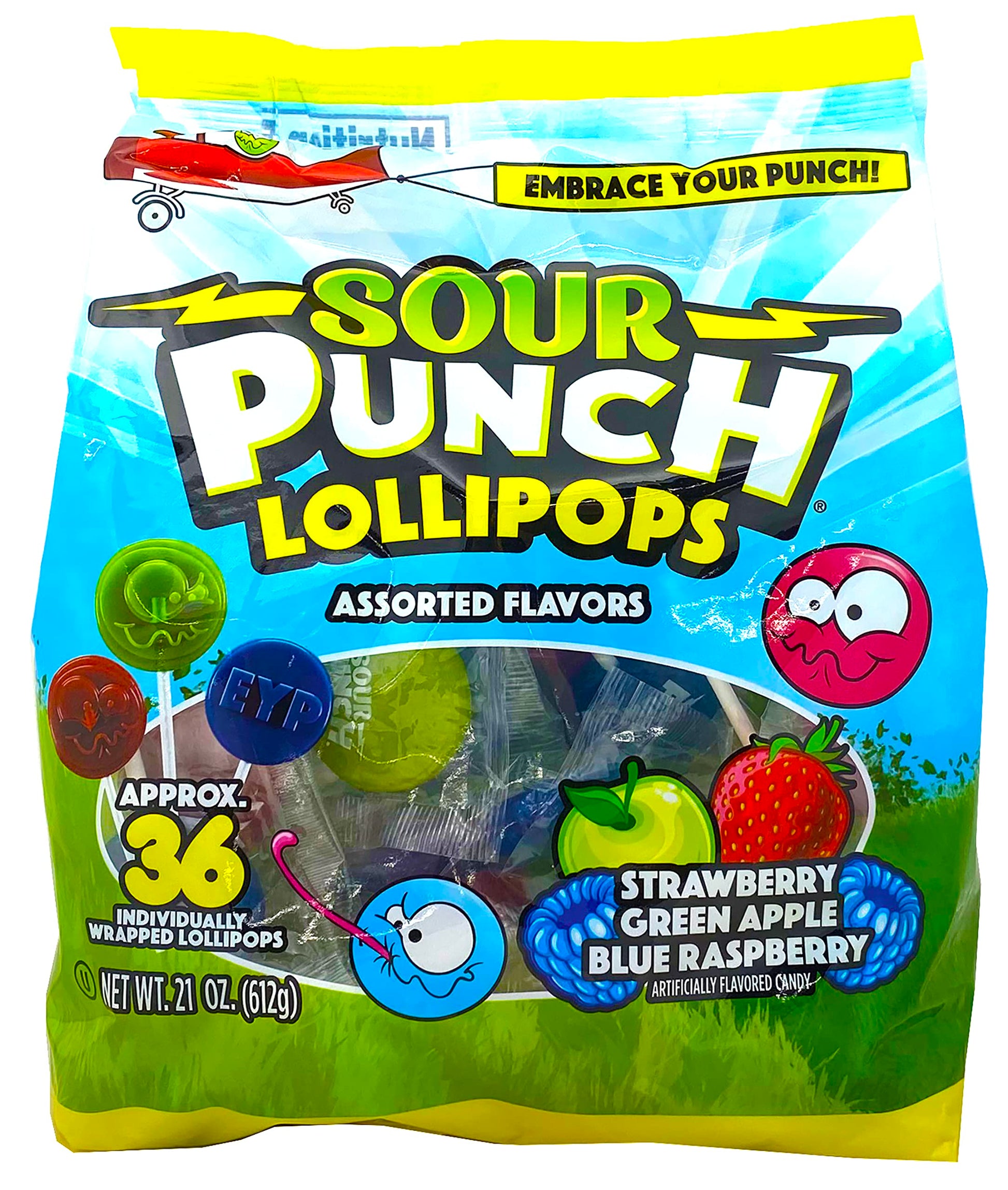 Adams & Brooks, Inc. Sour Punch Lollipops Sour Fruit Flavors Strawberry, Green Apple, Blue Raspberry Sour Lollipops, Sour Punch