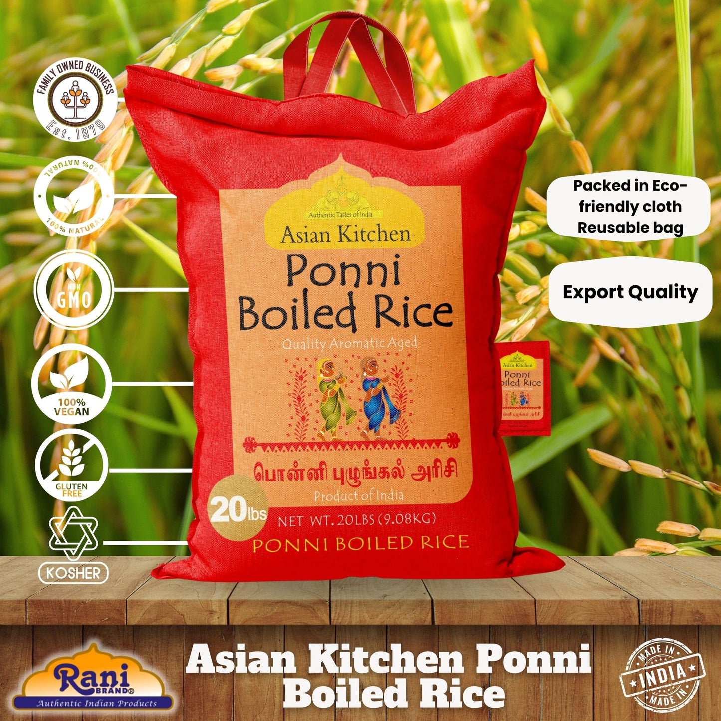 Asian Kitchen Ponni Boiled Rice, Short Grain, Gluten Free, Vegan, 20 lbs (9.08 kg), All Natural, Indian Origin